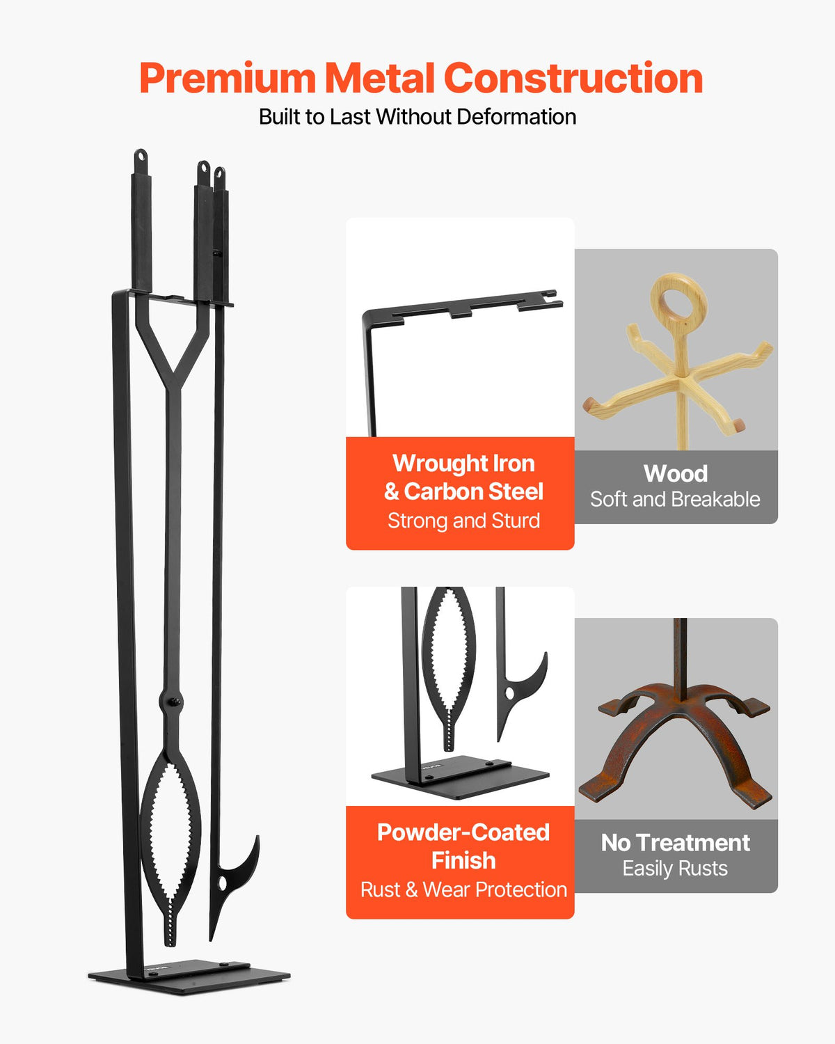 Fireplace Tool Set 3PCS Tongs Poker Wrought Iron Stand Indoor Outdoor Black