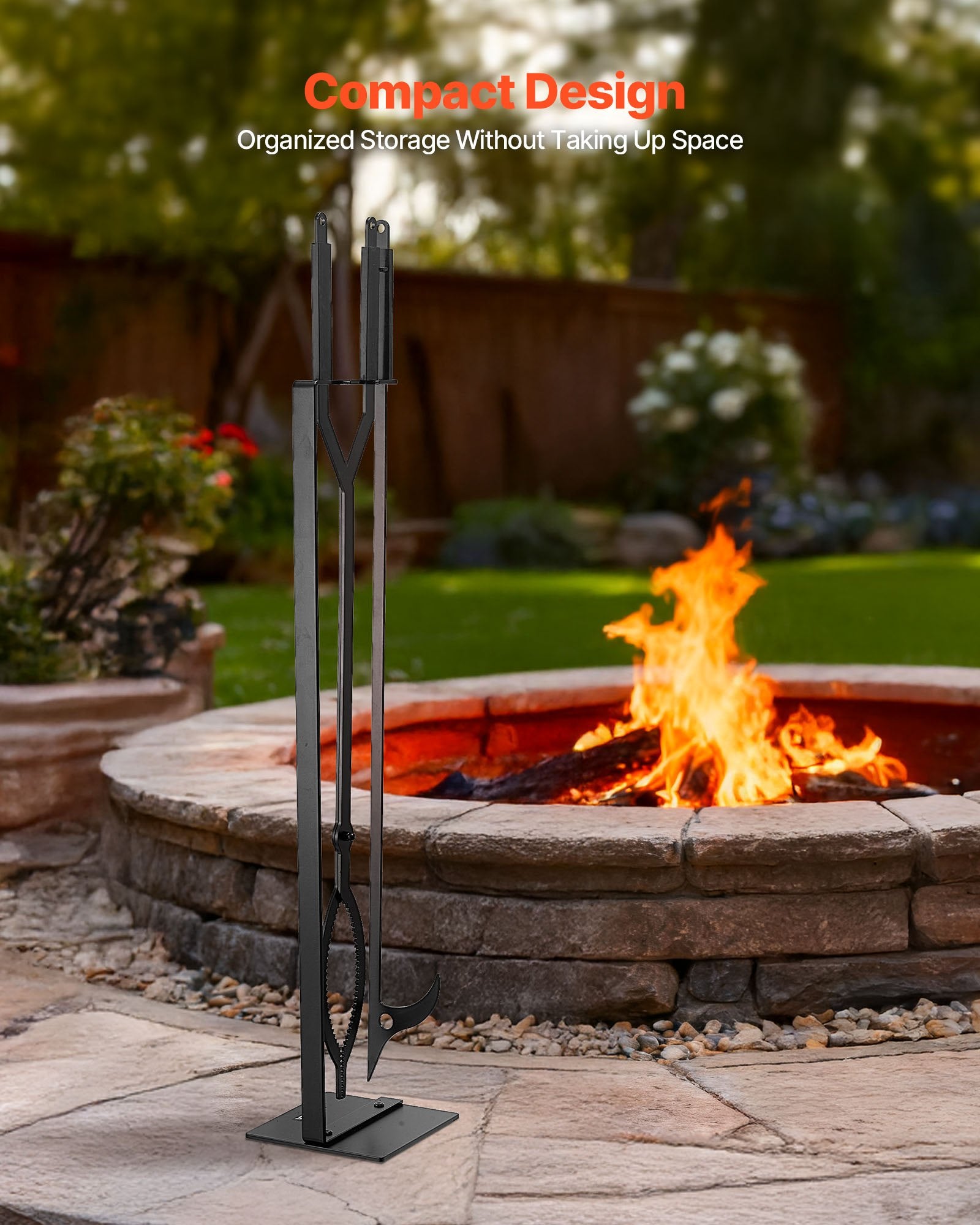 Fireplace Tool Set 3PCS Tongs Poker Wrought Iron Stand Indoor Outdoor Black