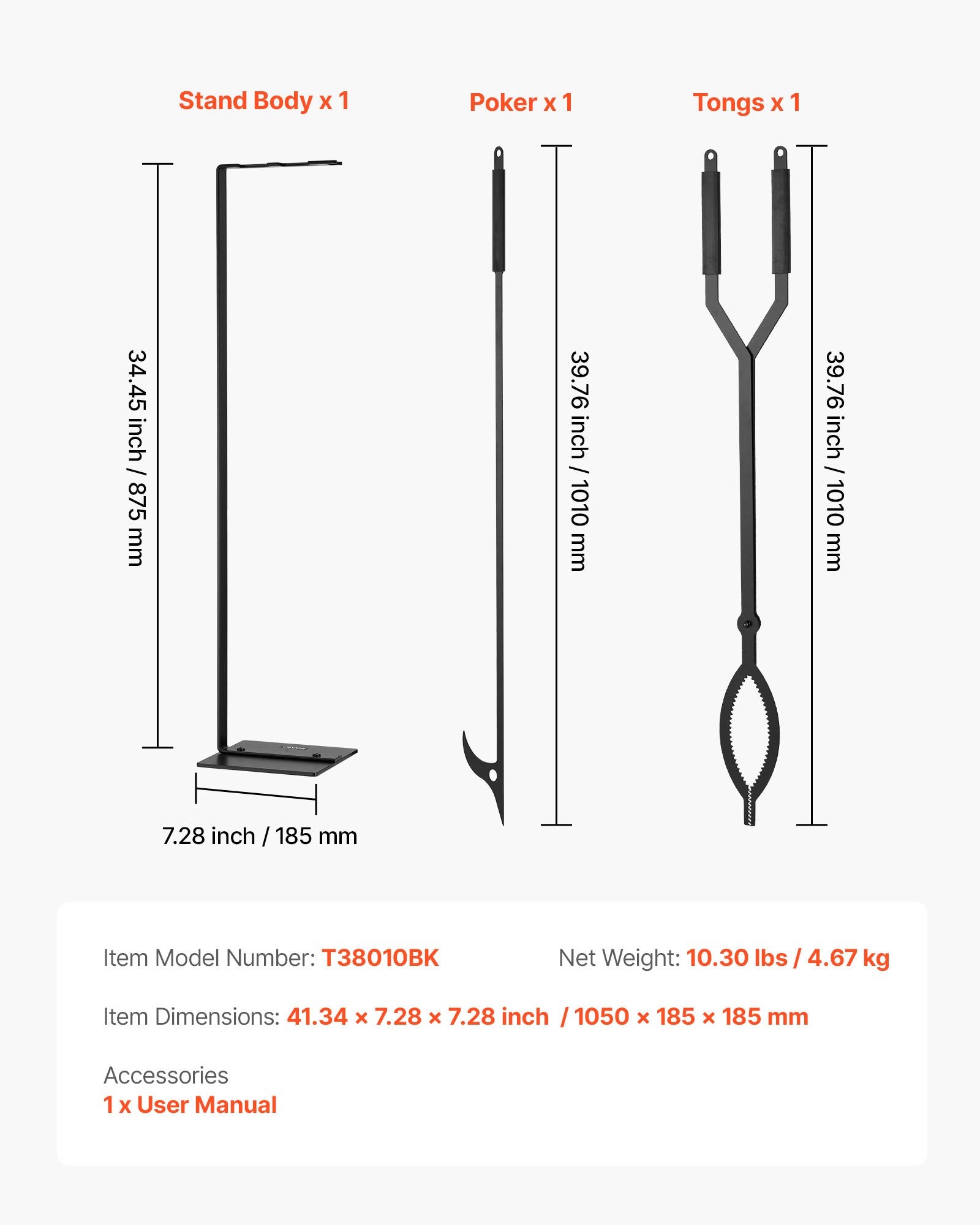 Fireplace Tool Set 3PCS Tongs Poker Wrought Iron Stand Indoor Outdoor Black