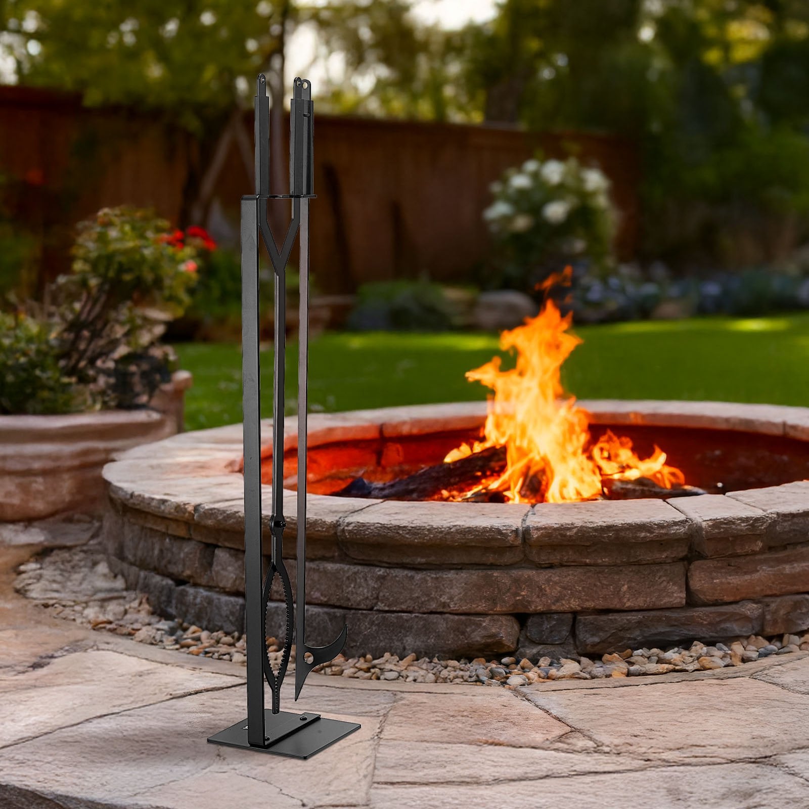 Fireplace Tool Set 3PCS Tongs Poker Wrought Iron Stand Indoor Outdoor Black