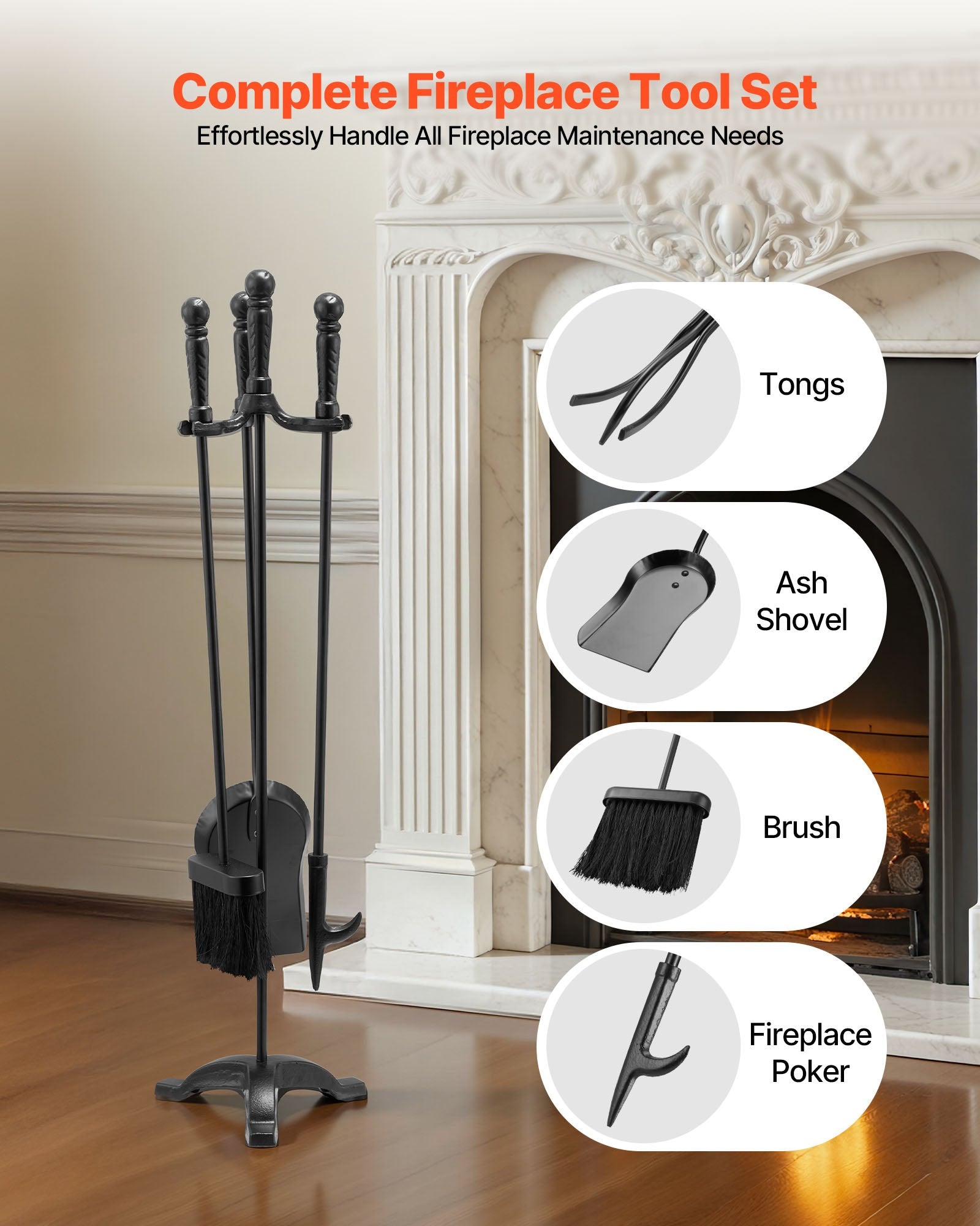 Fireplace Tool Set 4PCS Three-Prong Stand Shovel Brush Poker Wrought Iron