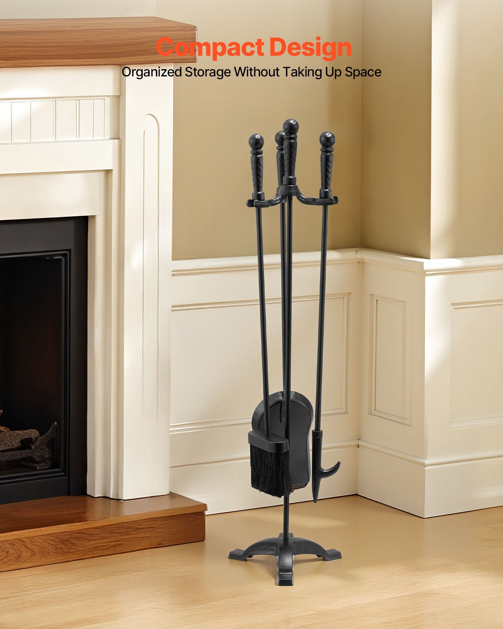 Fireplace Tool Set 4PCS Three-Prong Stand Shovel Brush Poker Wrought Iron