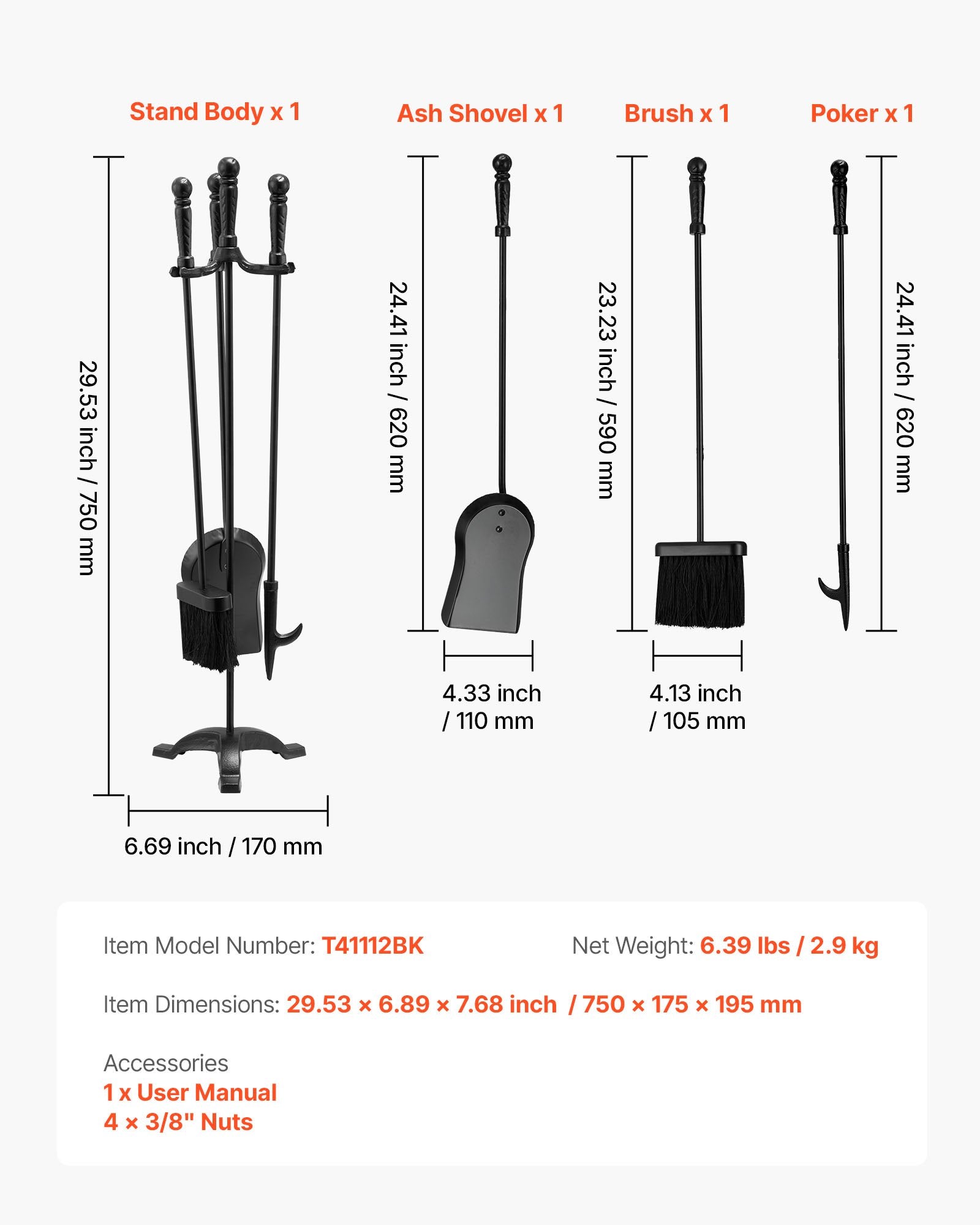 Fireplace Tool Set 4PCS Three-Prong Stand Shovel Brush Poker Wrought Iron