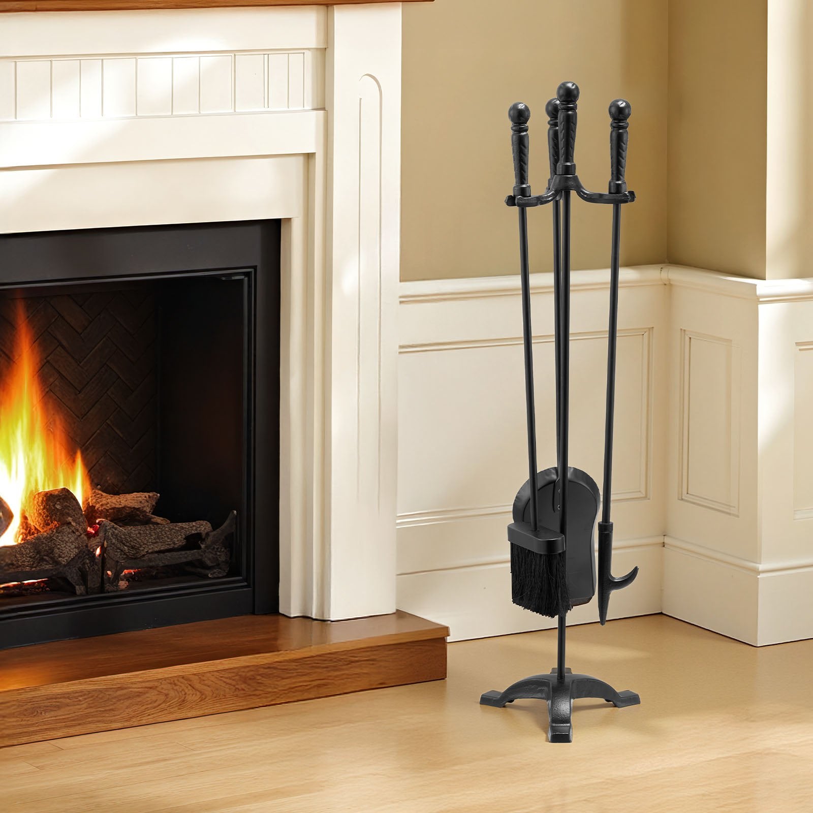 Fireplace Tool Set 4PCS Three-Prong Stand Shovel Brush Poker Wrought Iron