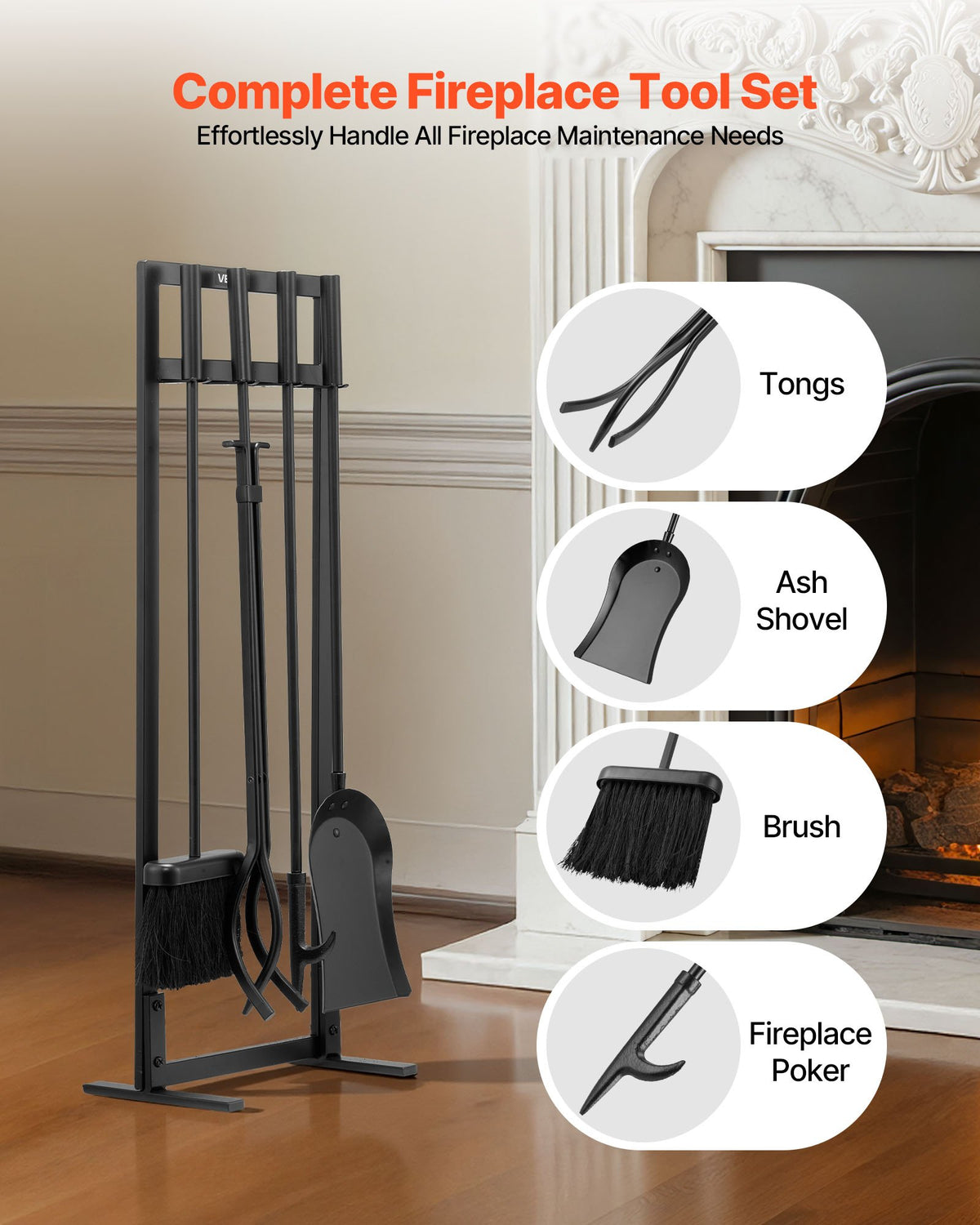 Fireplace Tool Set 5PCS Wrought Iron Stand Tongs Shovel Brush Poker Black