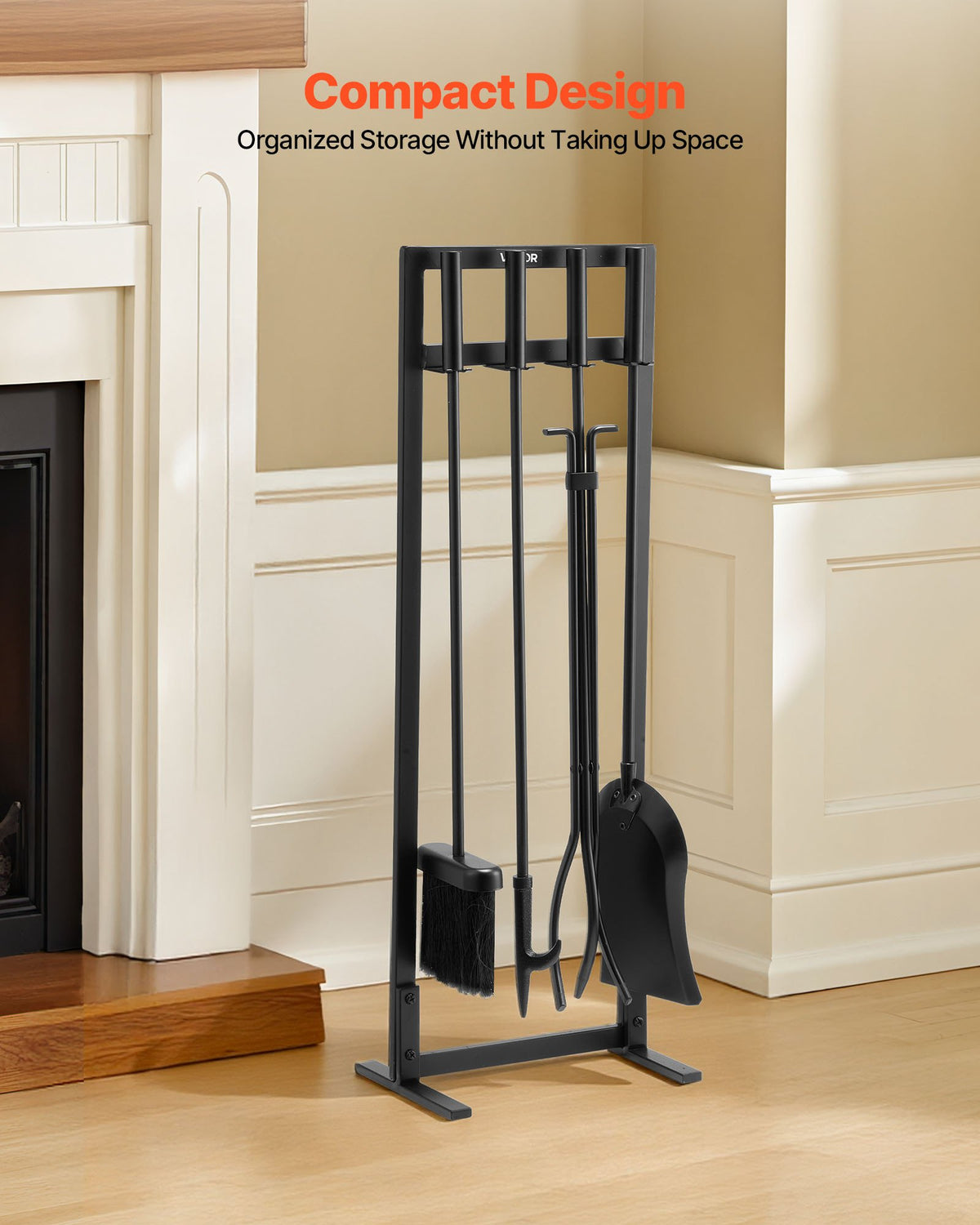 Fireplace Tool Set 5PCS Wrought Iron Stand Tongs Shovel Brush Poker Black