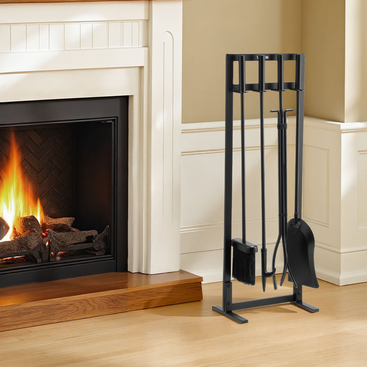 Fireplace Tool Set 5PCS Wrought Iron Stand Tongs Shovel Brush Poker Black