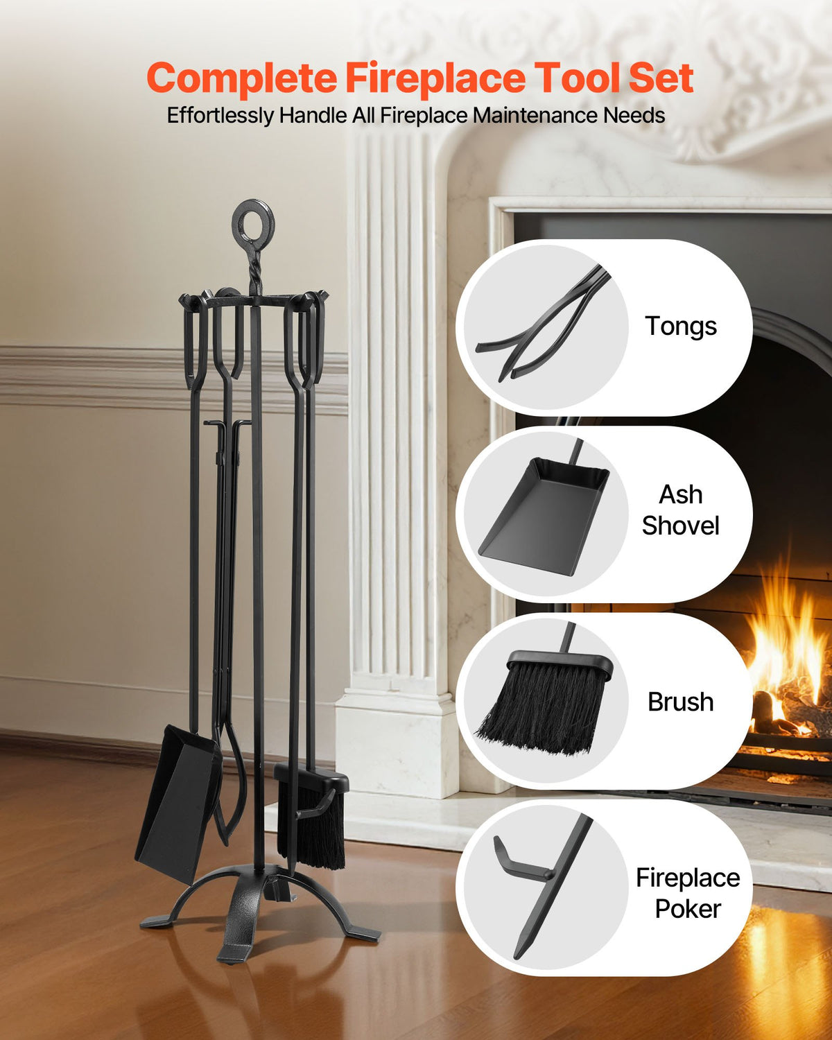 Fireplace Tool Set 5PCS Tongs Shovel Brush Poker Wrought Iron Stand Black