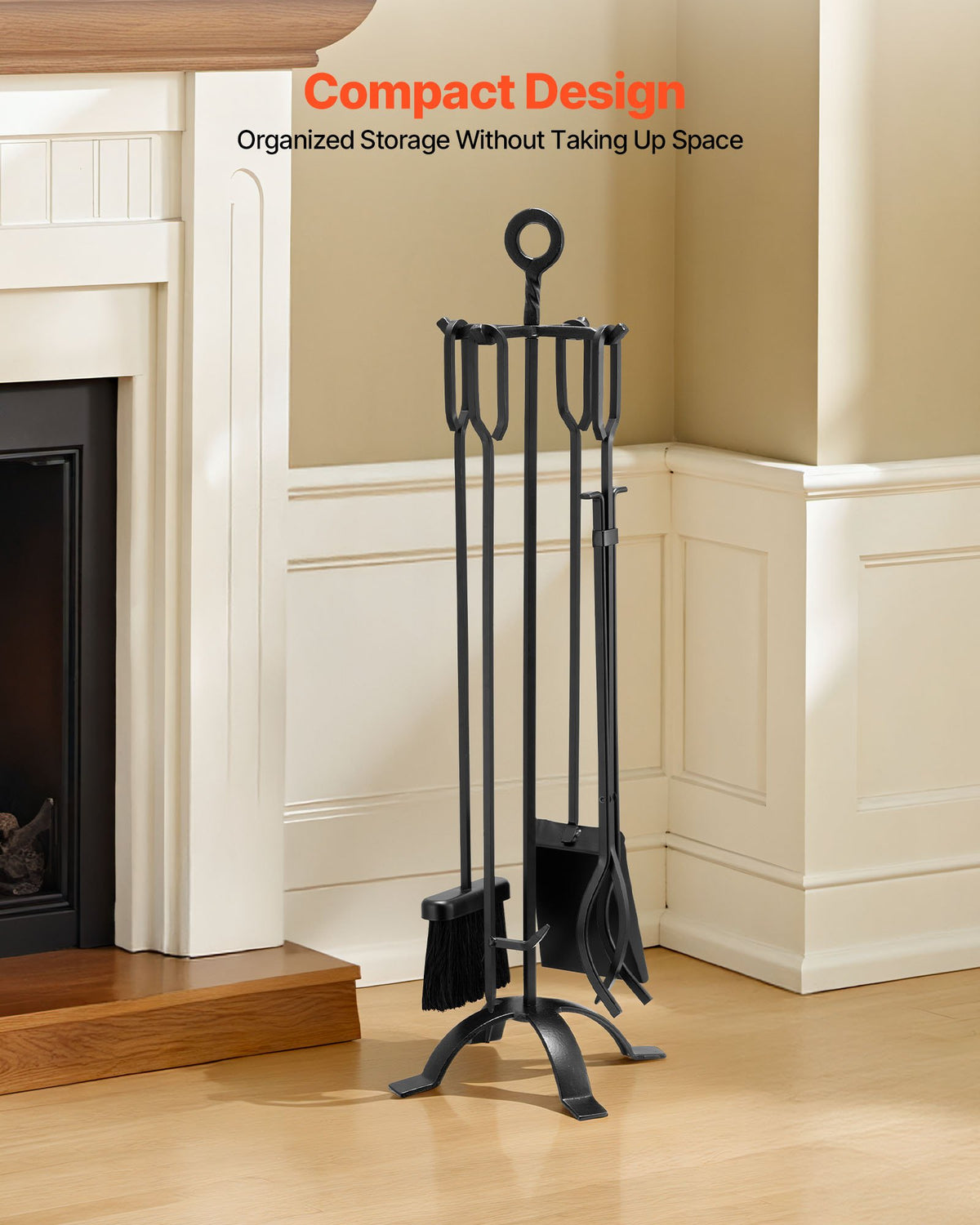 Fireplace Tool Set 5PCS Tongs Shovel Brush Poker Wrought Iron Stand Black