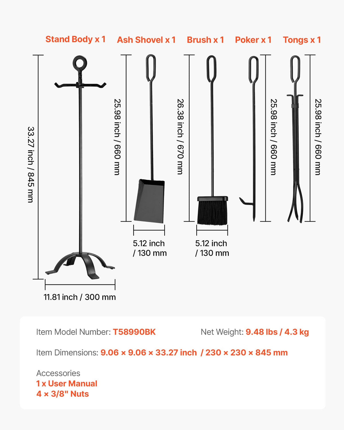 Fireplace Tool Set 5PCS Tongs Shovel Brush Poker Wrought Iron Stand Black