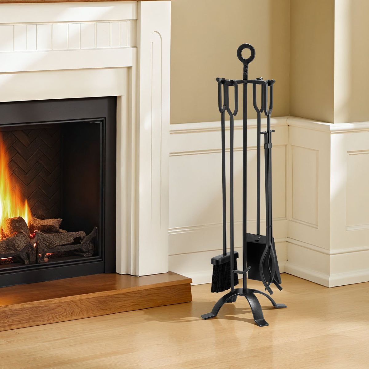 Fireplace Tool Set 5PCS Tongs Shovel Brush Poker Wrought Iron Stand Black