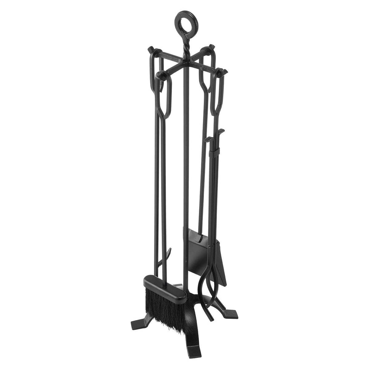 Fireplace Tool Set 5PCS Tongs Shovel Brush Poker Wrought Iron Stand Black