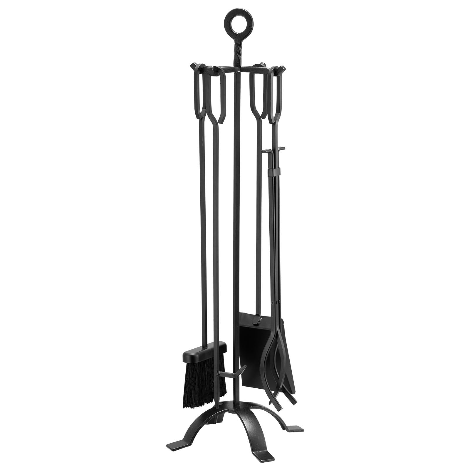 Fireplace Tool Set 5PCS Tongs Shovel Brush Poker Wrought Iron Stand Black