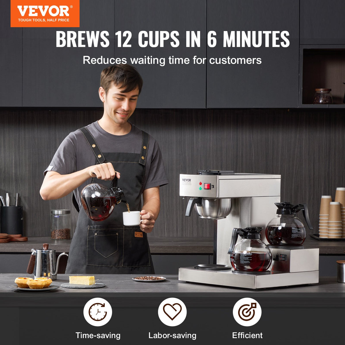 12-Cup Commercial Drip Coffee Maker 3 Glass Carafes Stainless Steel