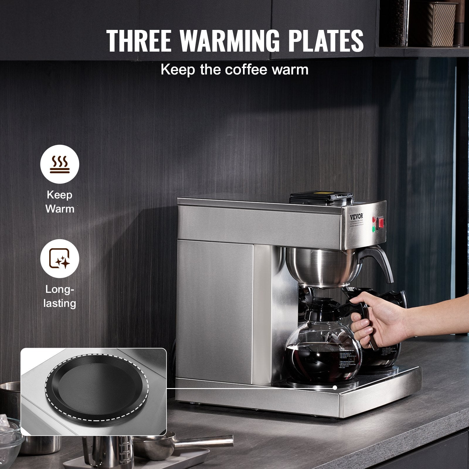 12-Cup Commercial Drip Coffee Maker 3 Glass Carafes Stainless Steel