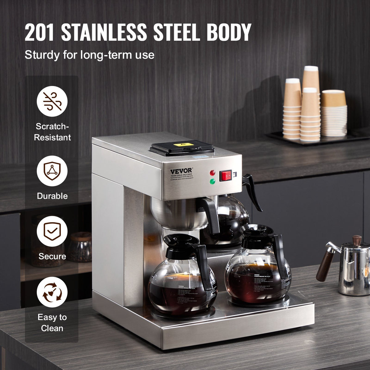 12-Cup Commercial Drip Coffee Maker 3 Glass Carafes Stainless Steel