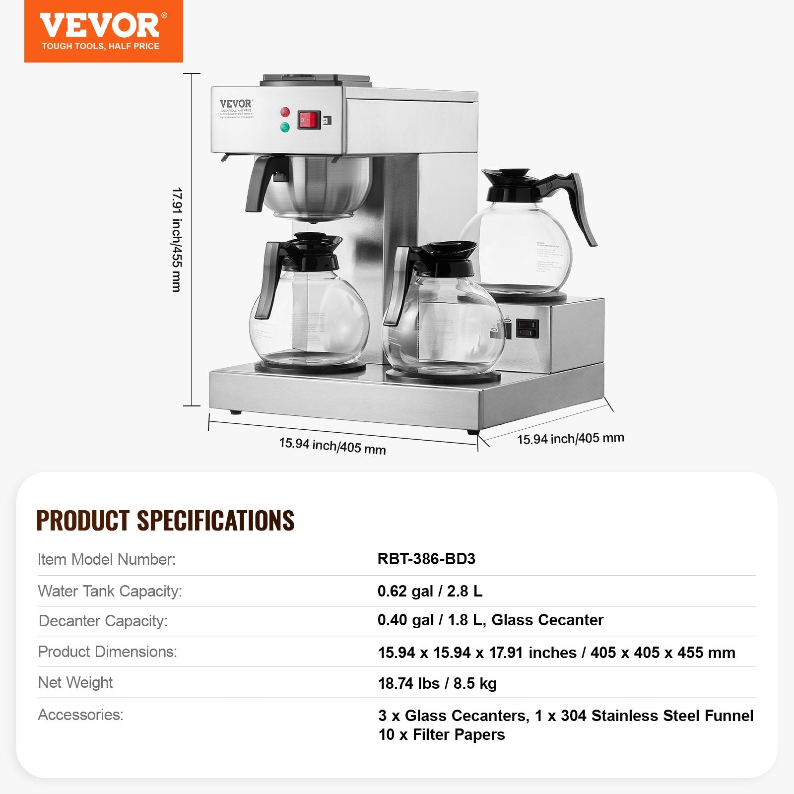 12-Cup Commercial Drip Coffee Maker 3 Glass Carafes Stainless Steel