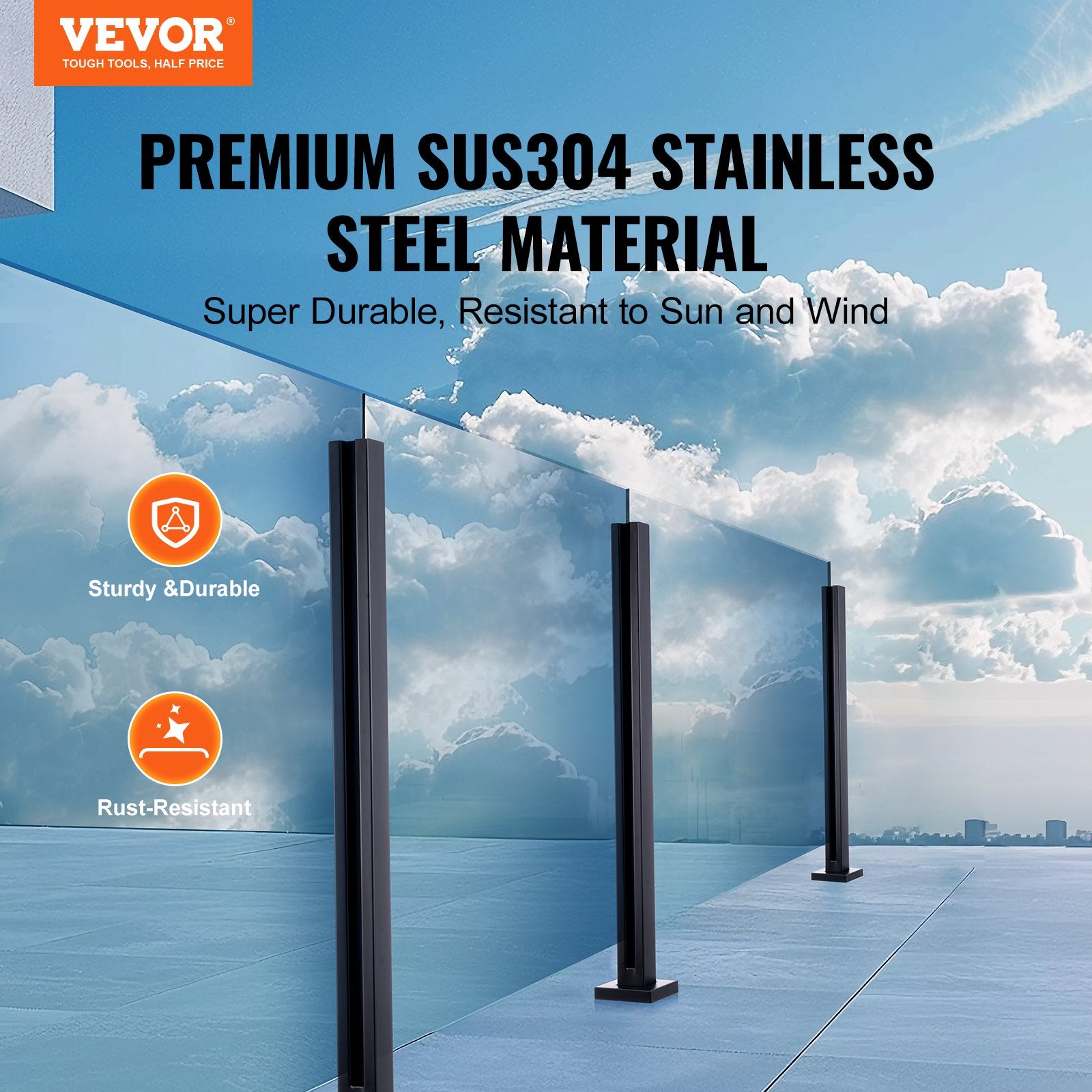 Glass Clamp 41.34in Height 0.39-0.47in Tempered Glass 304 Stainless Steel Mount