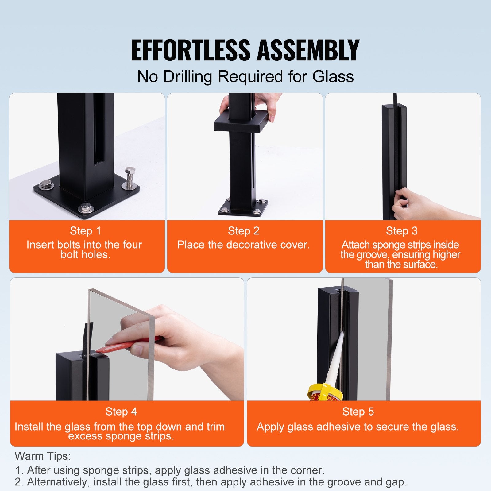 Glass Clamp 41.34in Height 0.39-0.47in Tempered Glass 304 Stainless Steel Mount