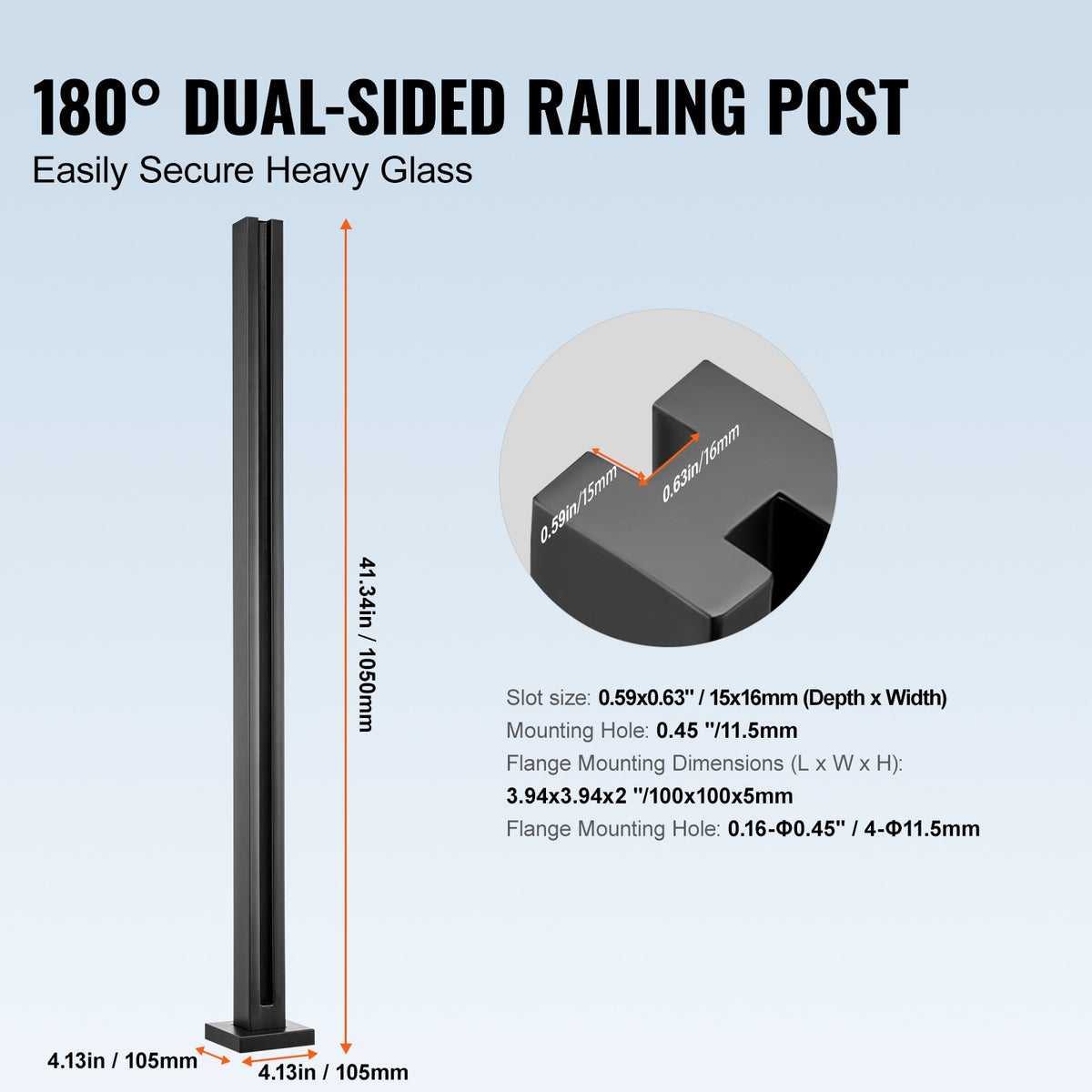 Glass Clamp 41.34in Height 0.39-0.47in Tempered Glass 304 Stainless Steel Mount