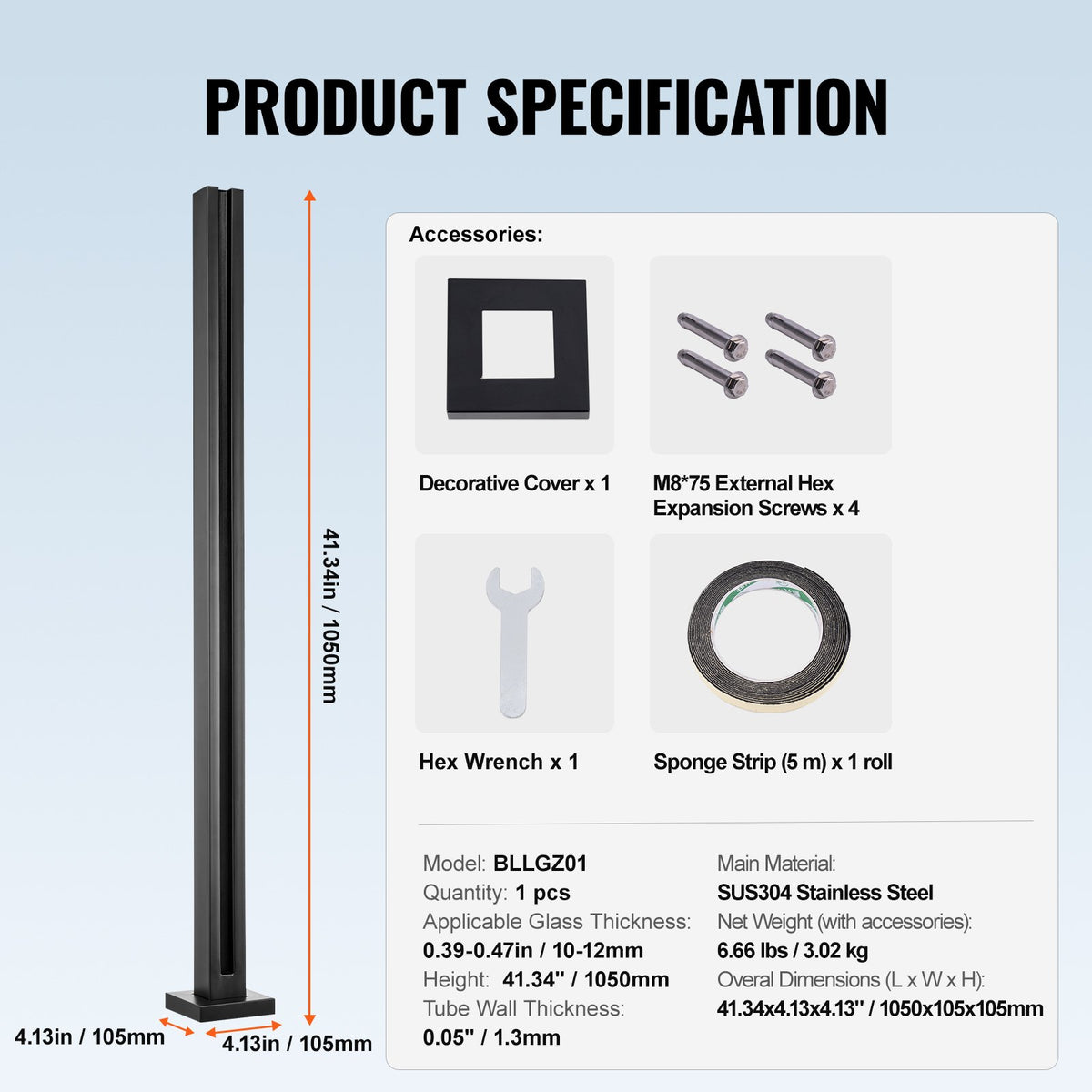 Glass Clamp 41.34in Height 0.39-0.47in Tempered Glass 304 Stainless Steel Mount