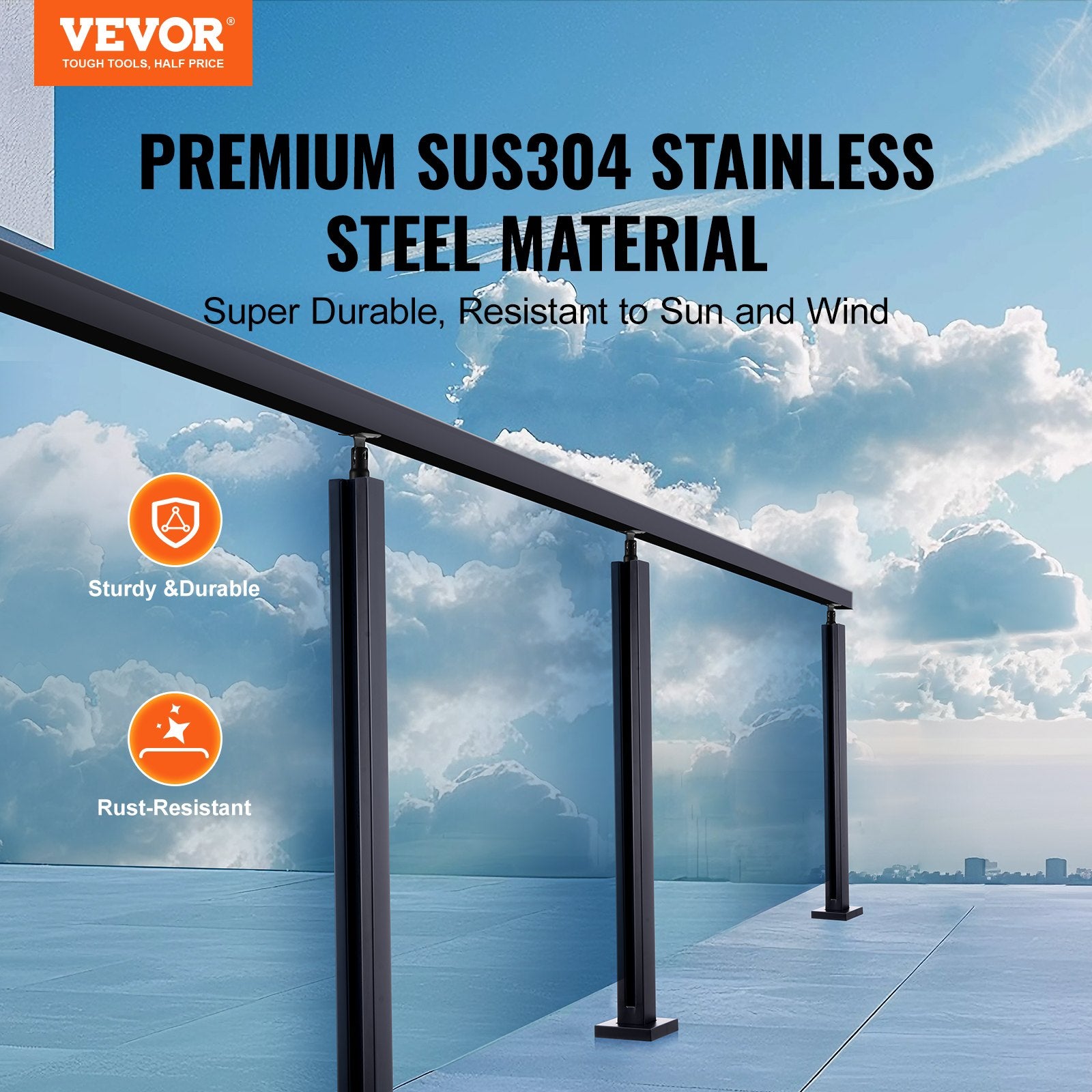 Glass Clamp 35.83in Height 0.39-0.47in Tempered Glass 304 Stainless Steel Mount