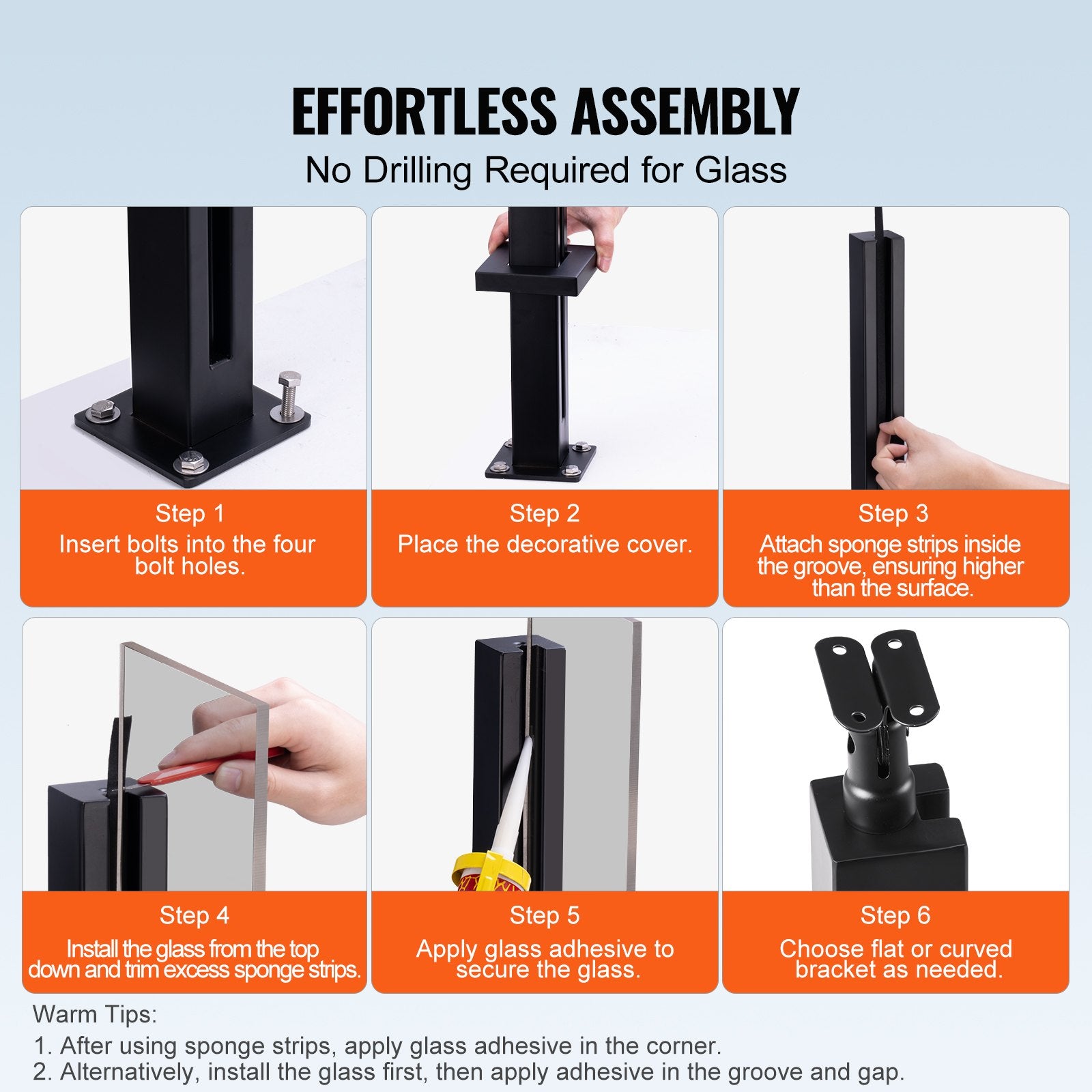 Glass Clamp 35.83in Height 0.39-0.47in Tempered Glass 304 Stainless Steel Mount