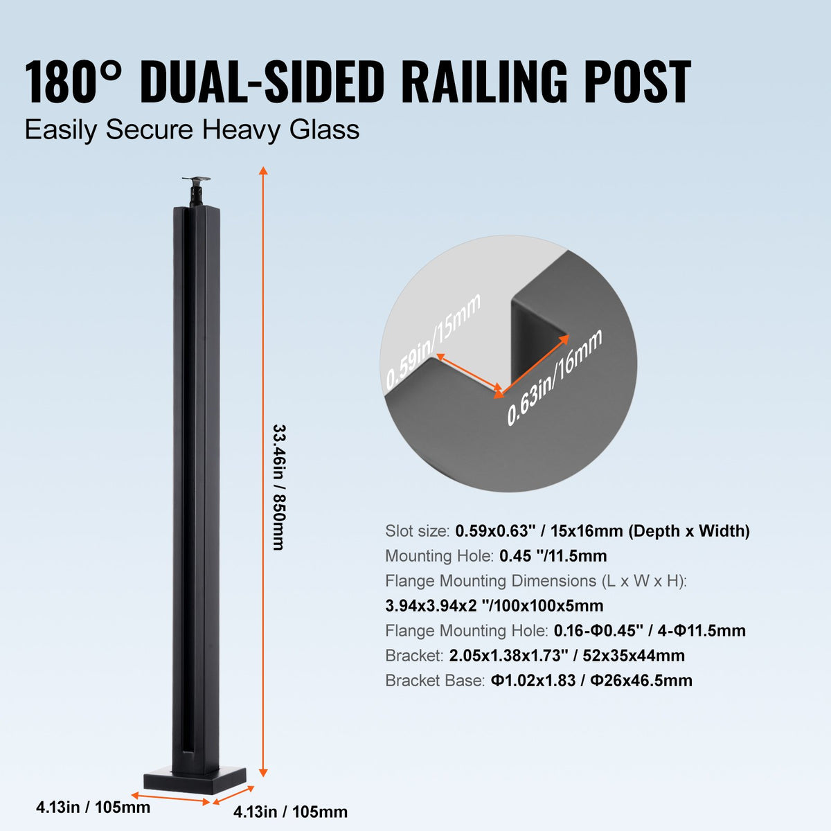 Glass Clamp 35.83in Height 0.39-0.47in Tempered Glass 304 Stainless Steel Mount