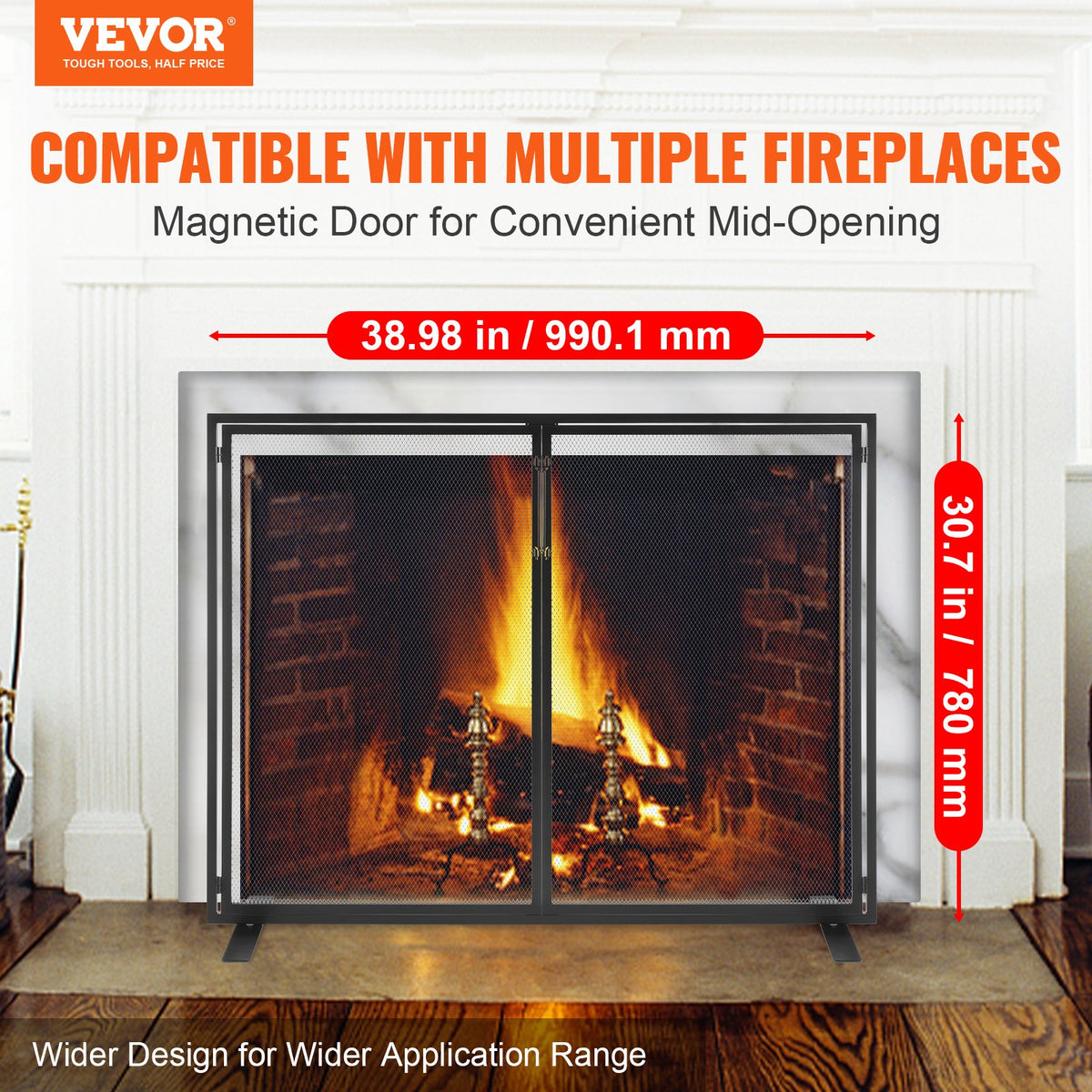 990x780mm Fireplace 1 Panel Screen with Door Black
