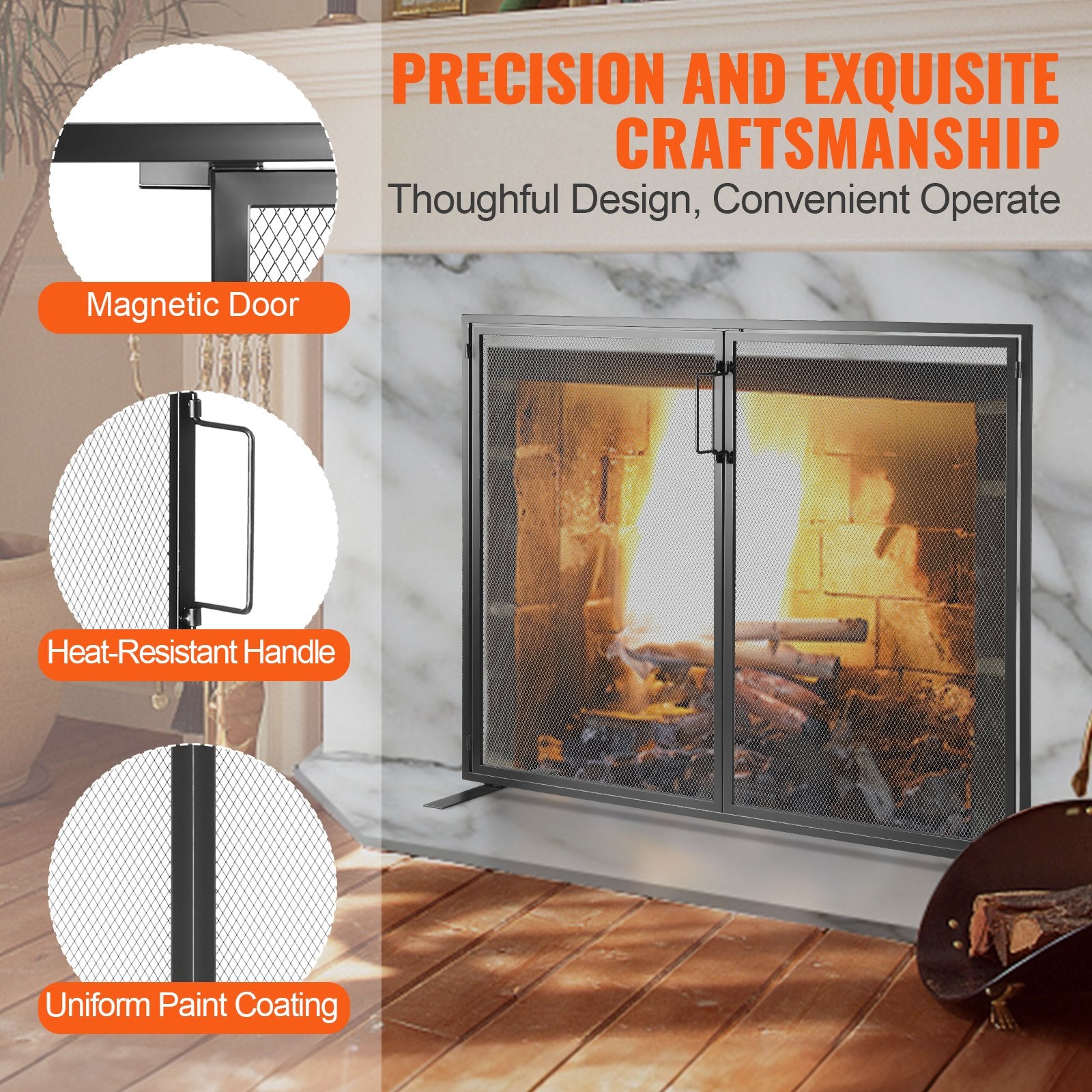 990x780mm Fireplace 1 Panel Screen with Door Black
