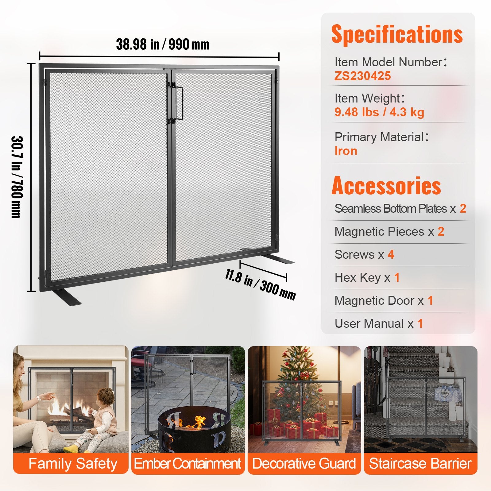 990x780mm Fireplace 1 Panel Screen with Door Black