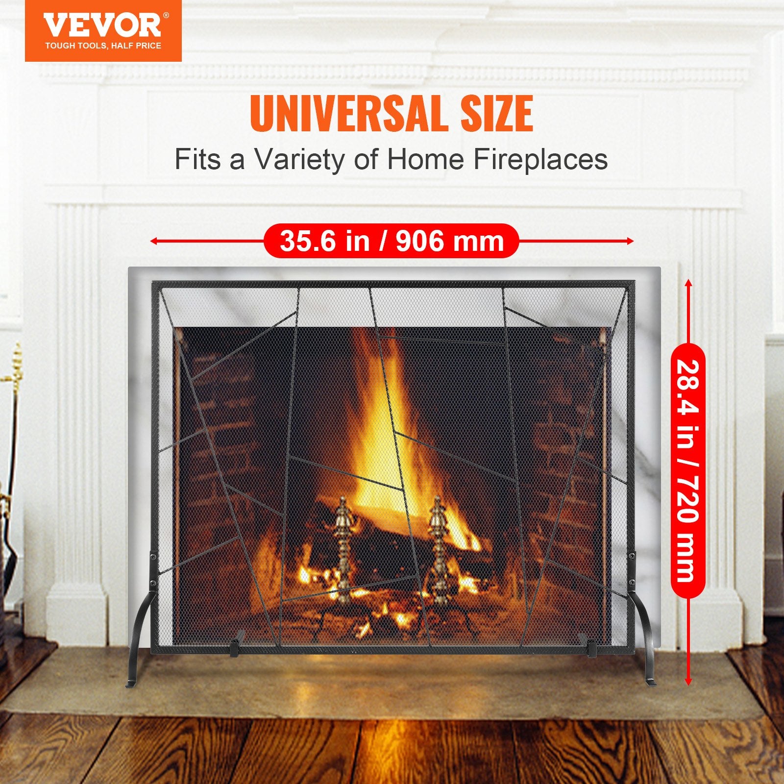 Fireplace Screen Single Panel 906x720mm Iron Mesh Spark Guard Free Standing
