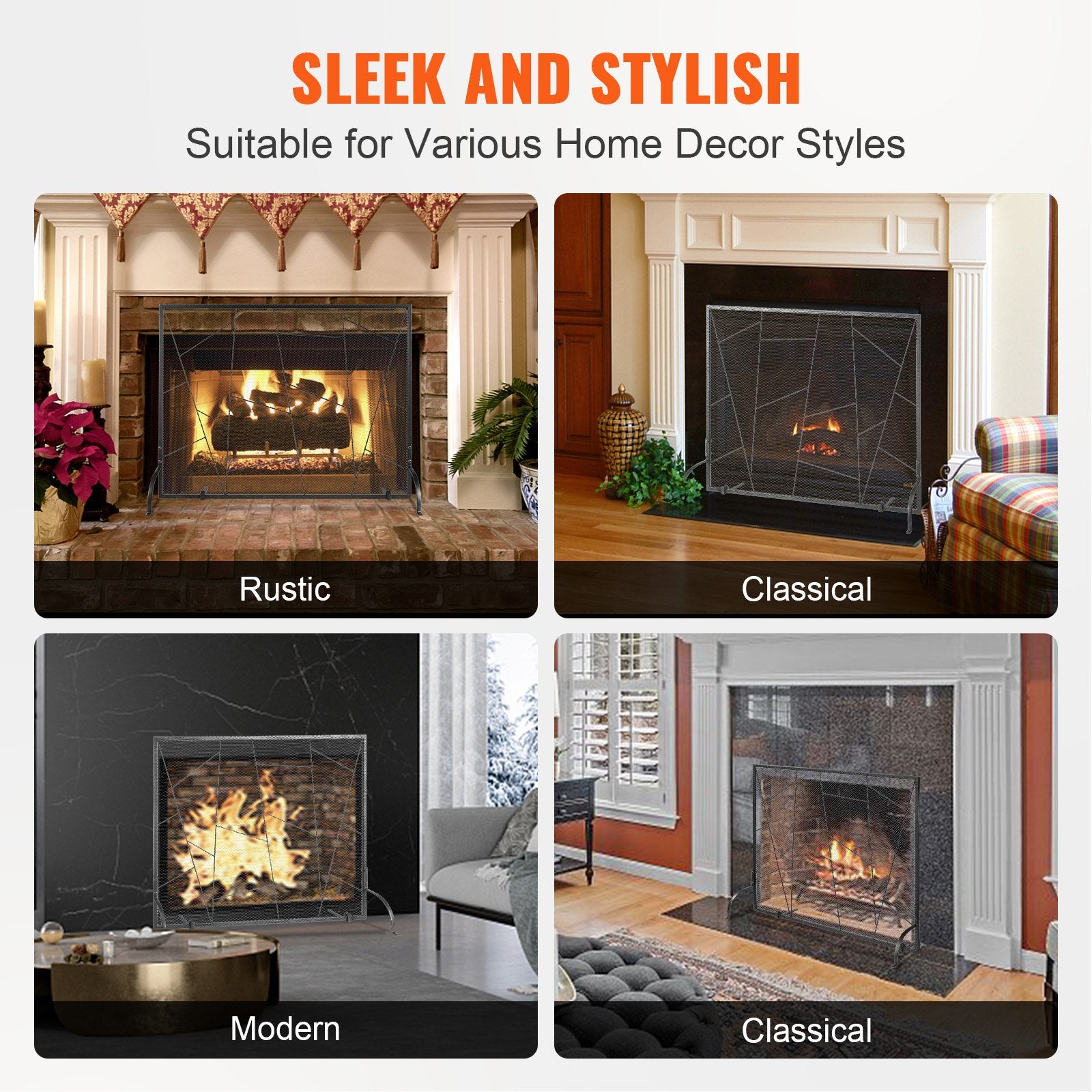 Fireplace Screen Single Panel 906x720mm Iron Mesh Spark Guard Free Standing