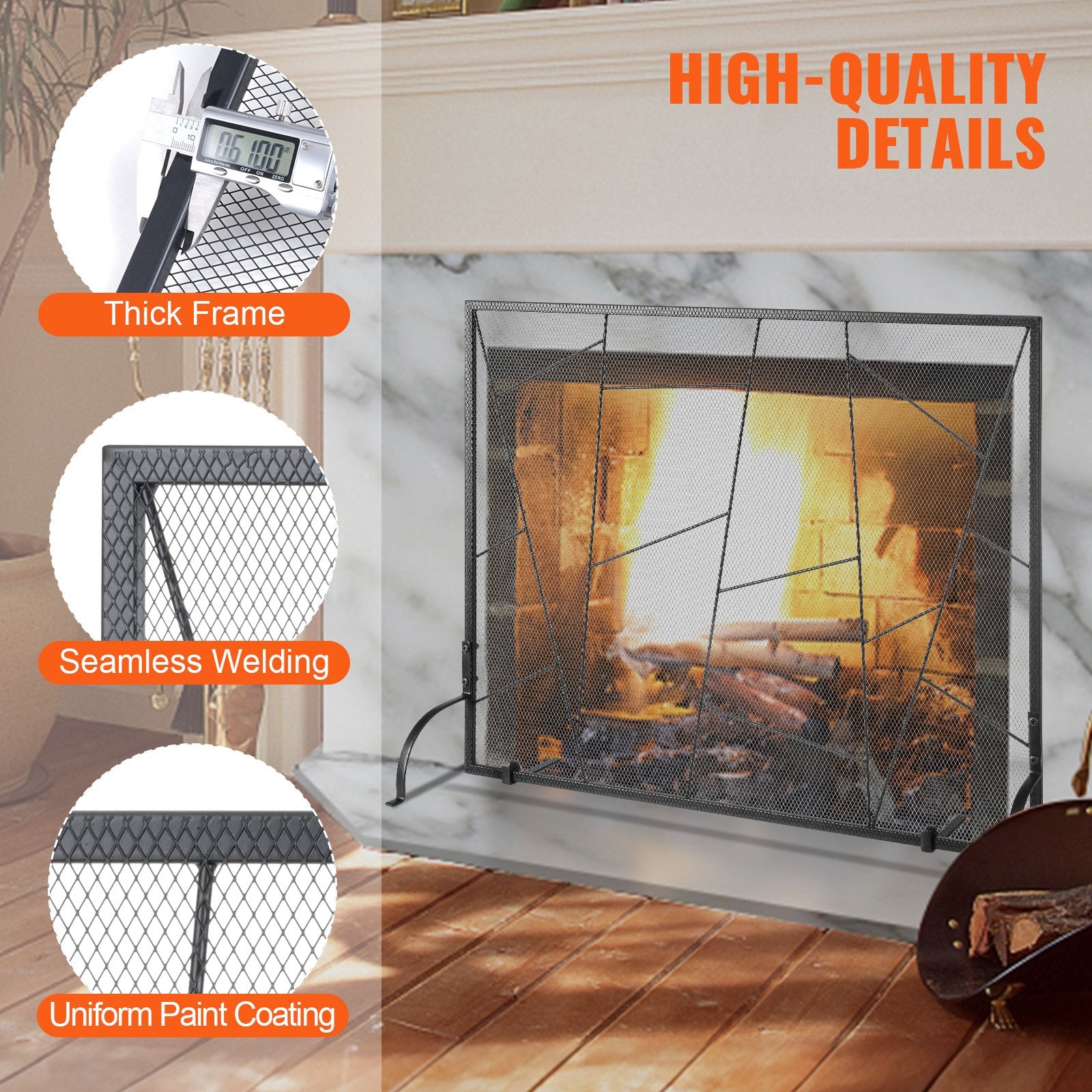 Fireplace Screen Single Panel 906x720mm Iron Mesh Spark Guard Free Standing