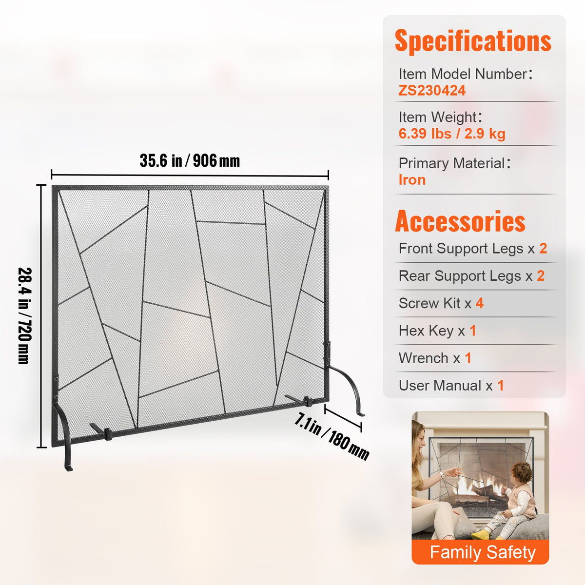 Fireplace Screen Single Panel 906x720mm Iron Mesh Spark Guard Free Standing