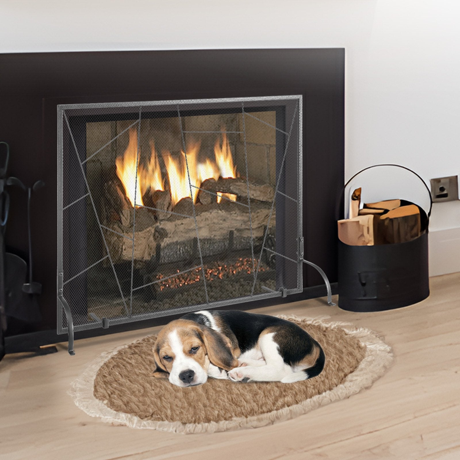 Fireplace Screen Single Panel 906x720mm Iron Mesh Spark Guard Free Standing