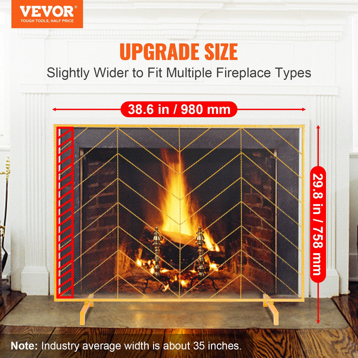 980x758mm Single Panel Fireplace Screen Gold