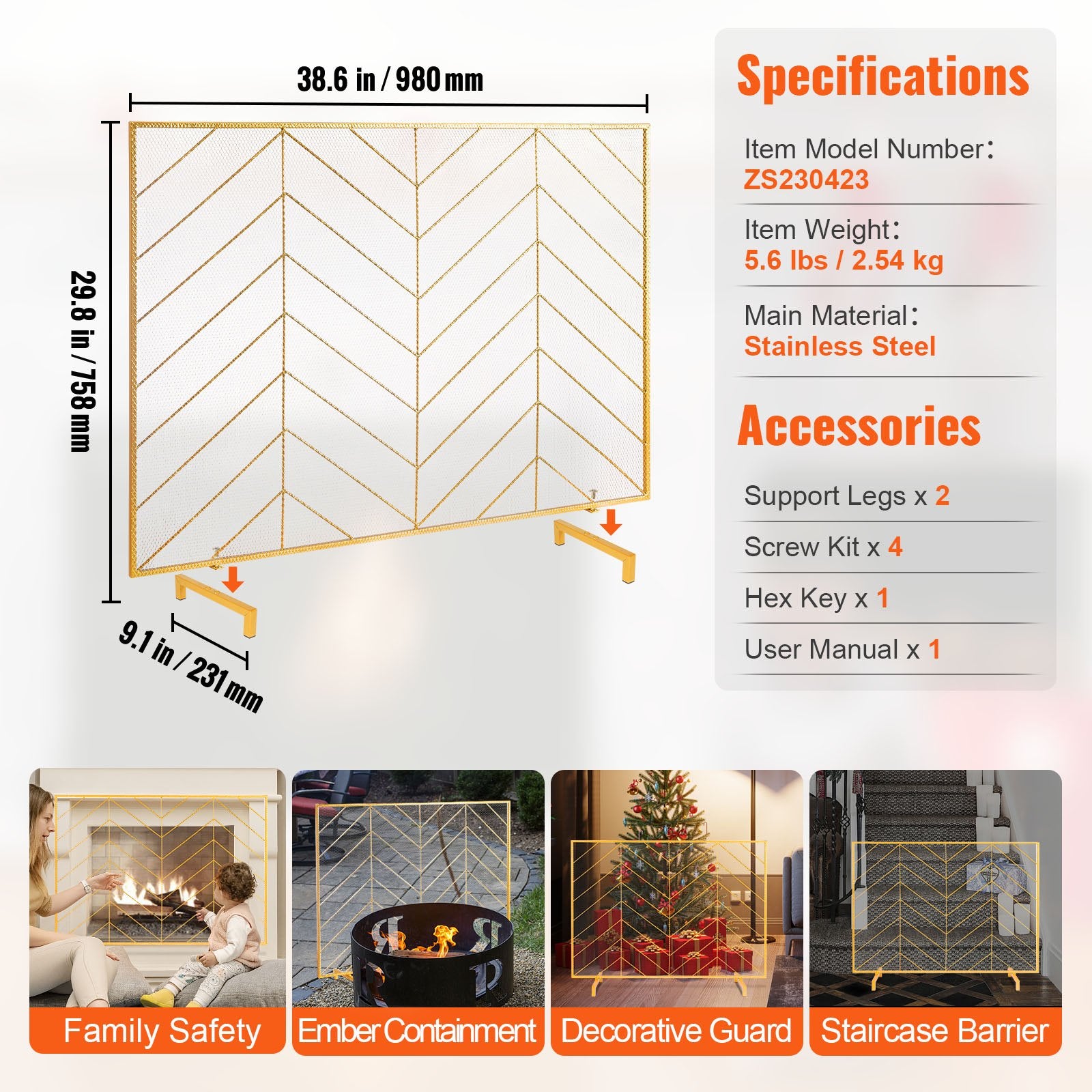 980x758mm Single Panel Fireplace Screen Gold