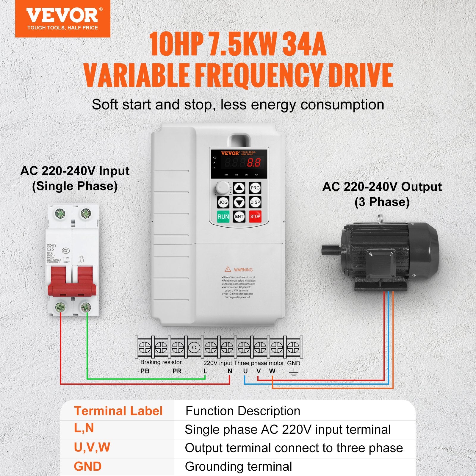 VFD 10HP 7.5KW 34A 1-Phase to 3-Phase 220V-240V AC Motor Drive