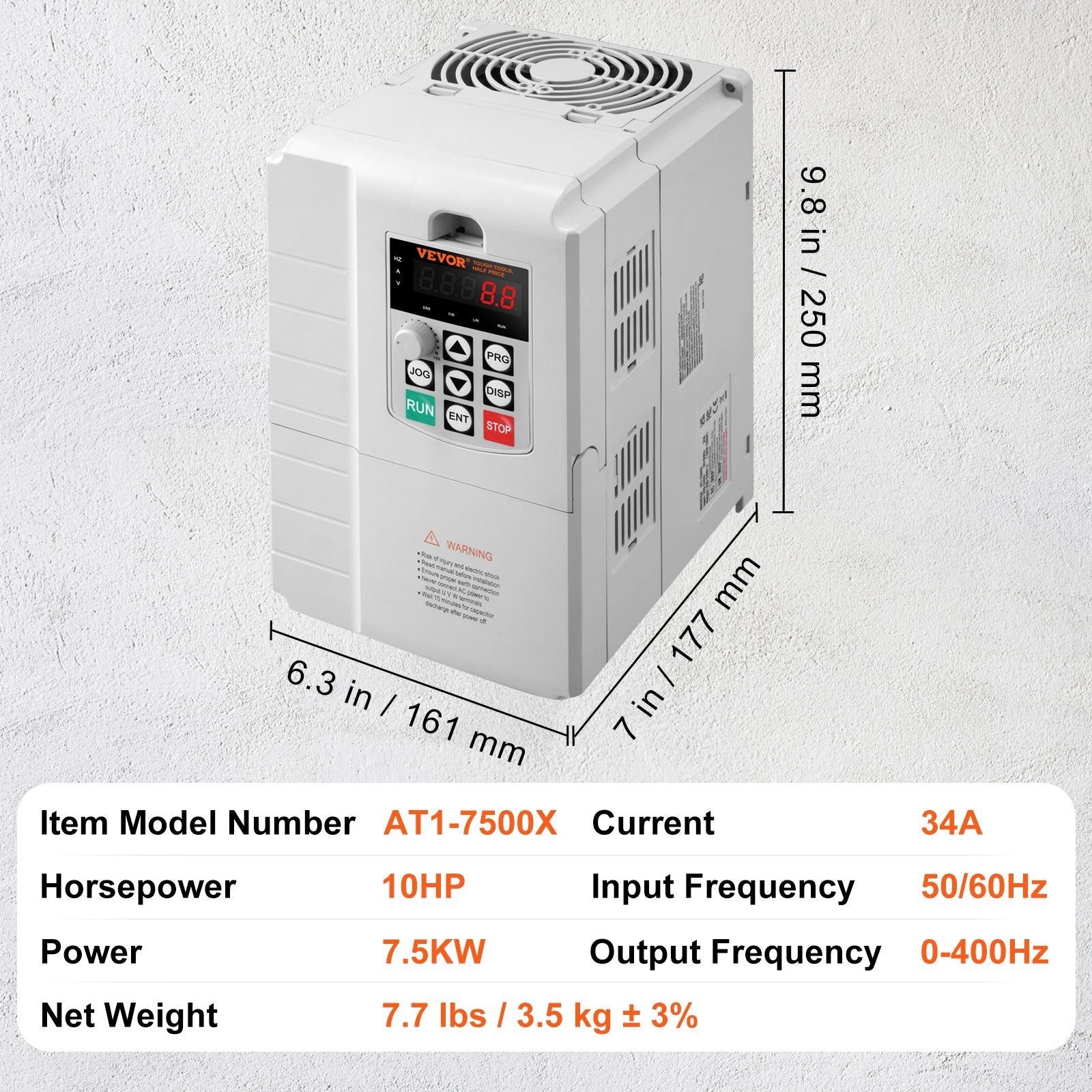 VFD 10HP 7.5KW 34A 1-Phase to 3-Phase 220V-240V AC Motor Drive