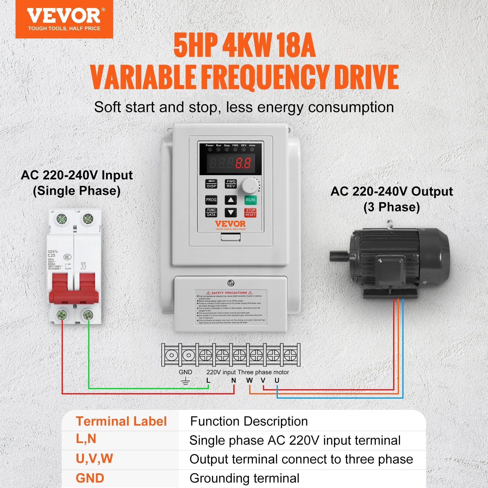 VFD 5HP 4KW 18A 1-Phase to 3-Phase 220V-240V AC Motor Drive