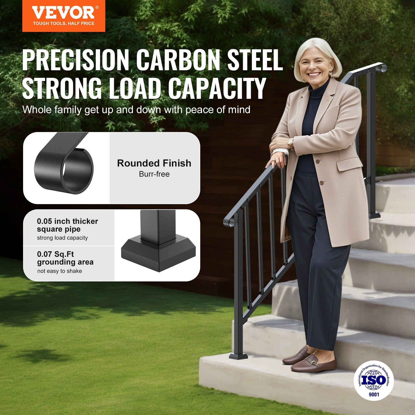 Outdoor Step Handrails, 5-Step Stair Rail Kit, Carbon Steel, Black Retro Arch