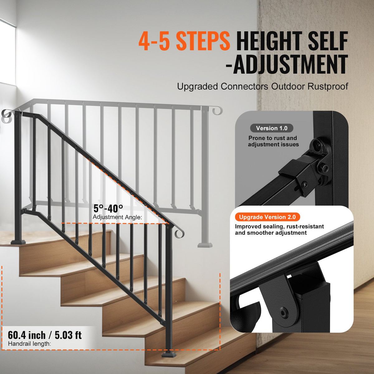 Outdoor Step Handrails, 5-Step Stair Rail Kit, Carbon Steel, Black Retro Arch