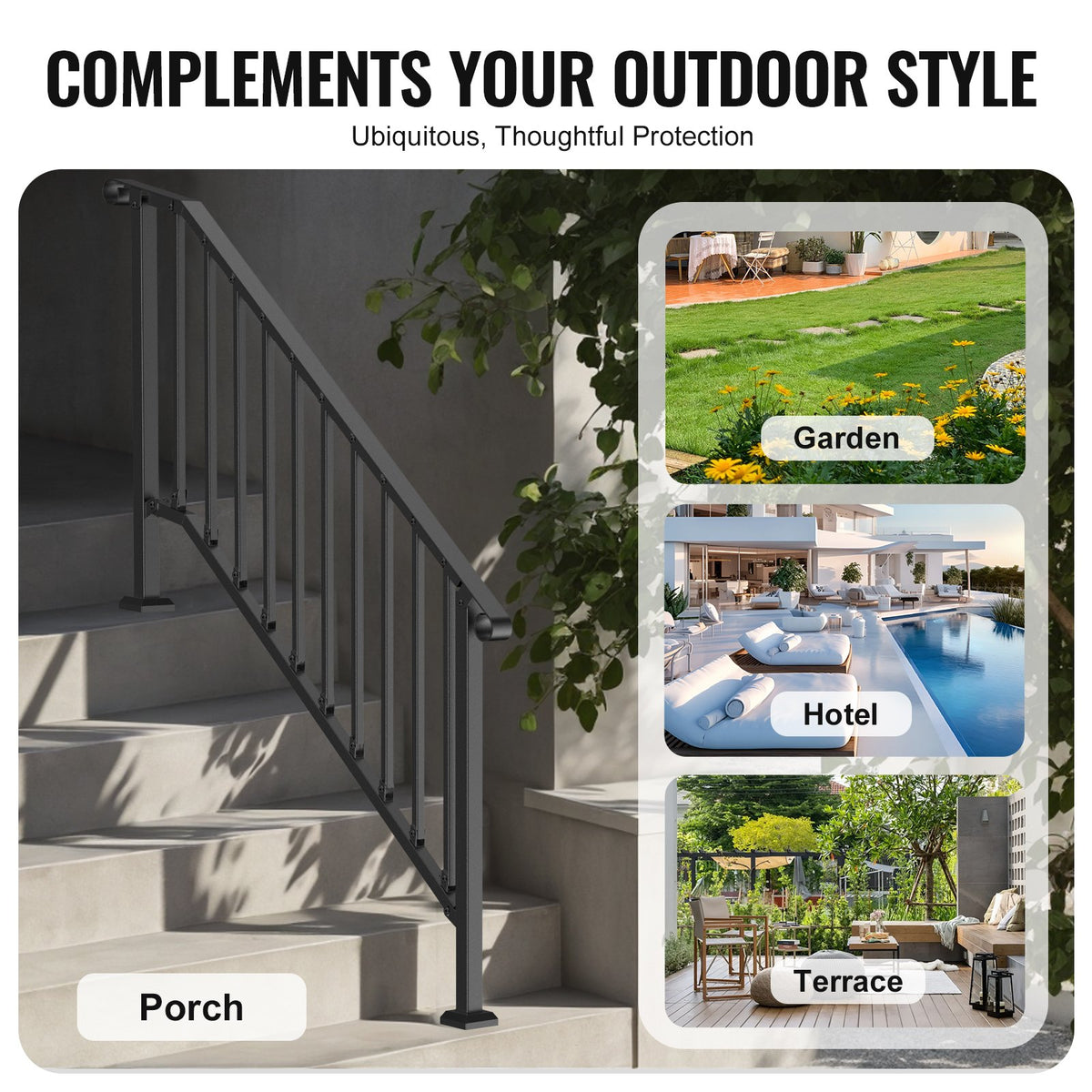 Outdoor Step Handrails, 5-Step Stair Rail Kit, Carbon Steel, Black Retro Arch