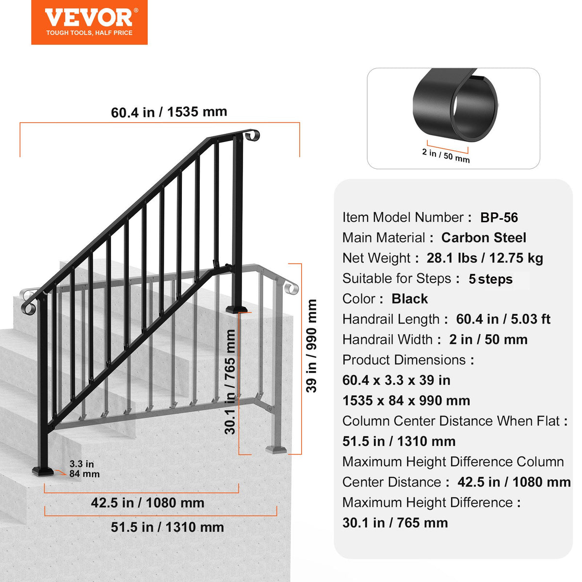 Outdoor Step Handrails, 5-Step Stair Rail Kit, Carbon Steel, Black Retro Arch