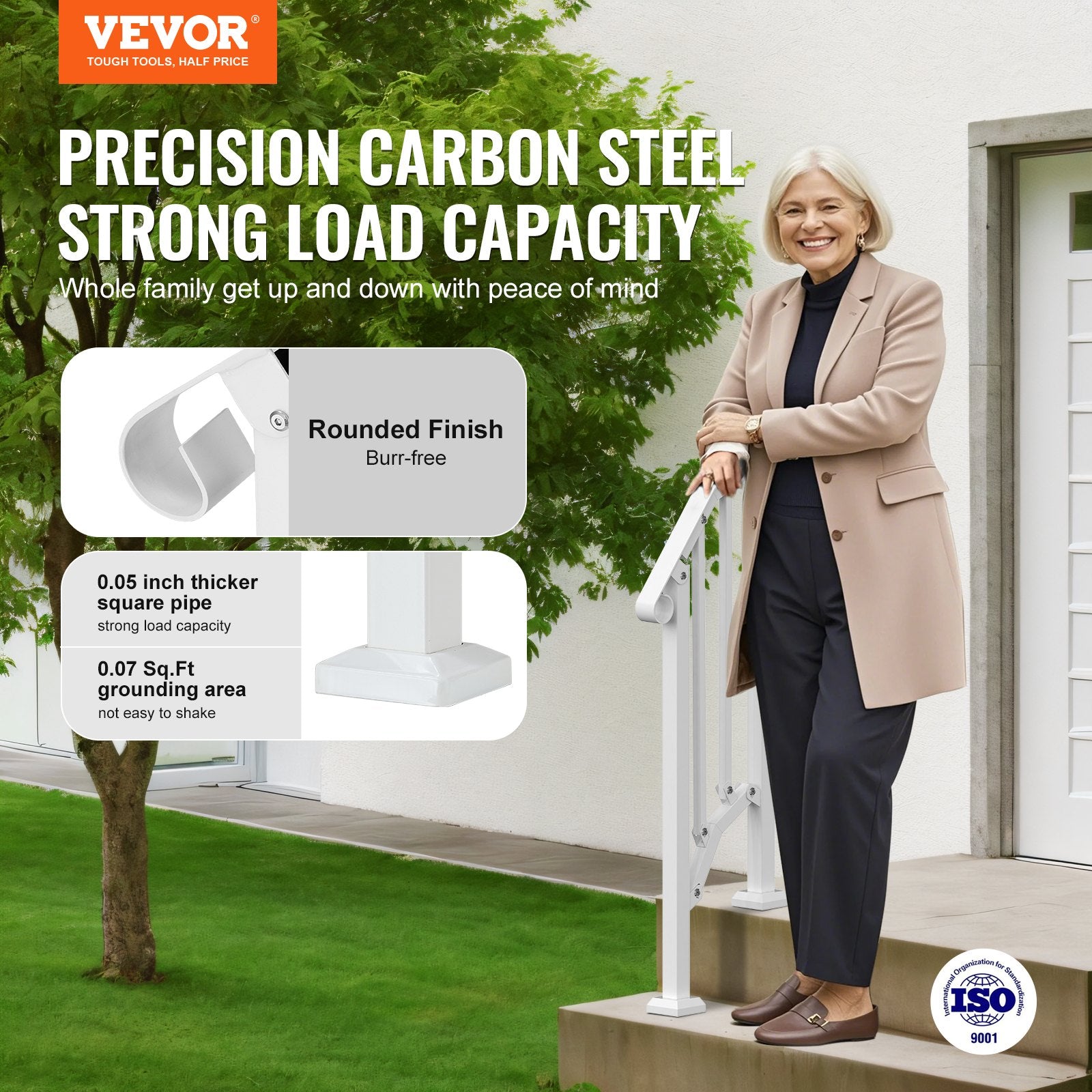 Outdoor Step Handrails 1-2 Step Stair Rail Kit White Carbon Steel with Install