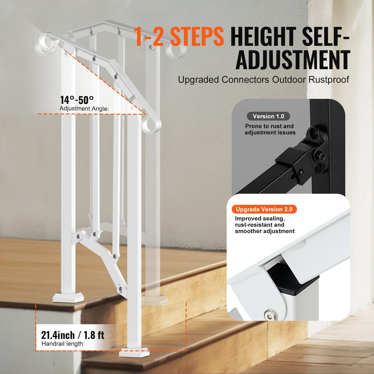 Outdoor Step Handrails 1-2 Step Stair Rail Kit White Carbon Steel with Install