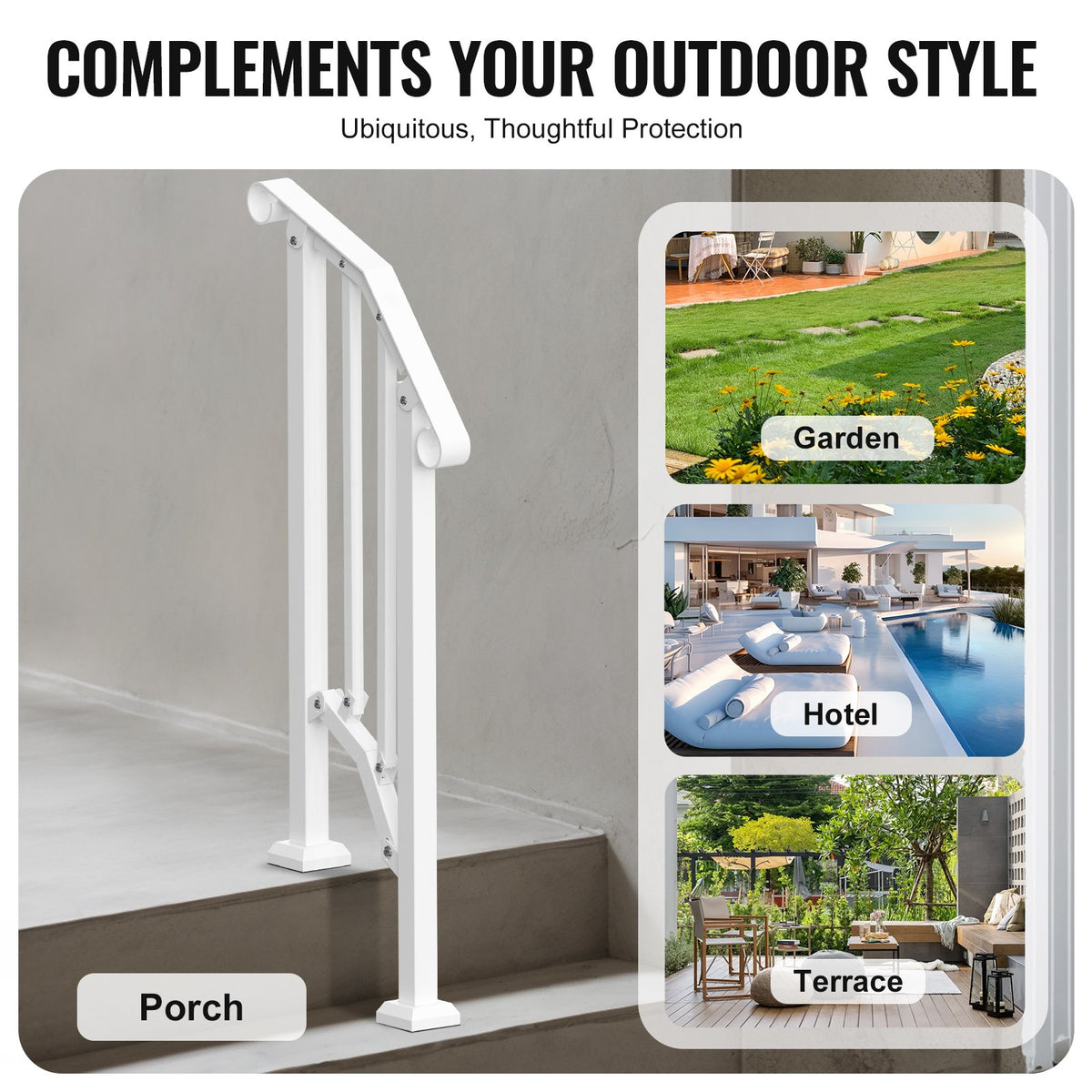 Outdoor Step Handrails 1-2 Step Stair Rail Kit White Carbon Steel with Install