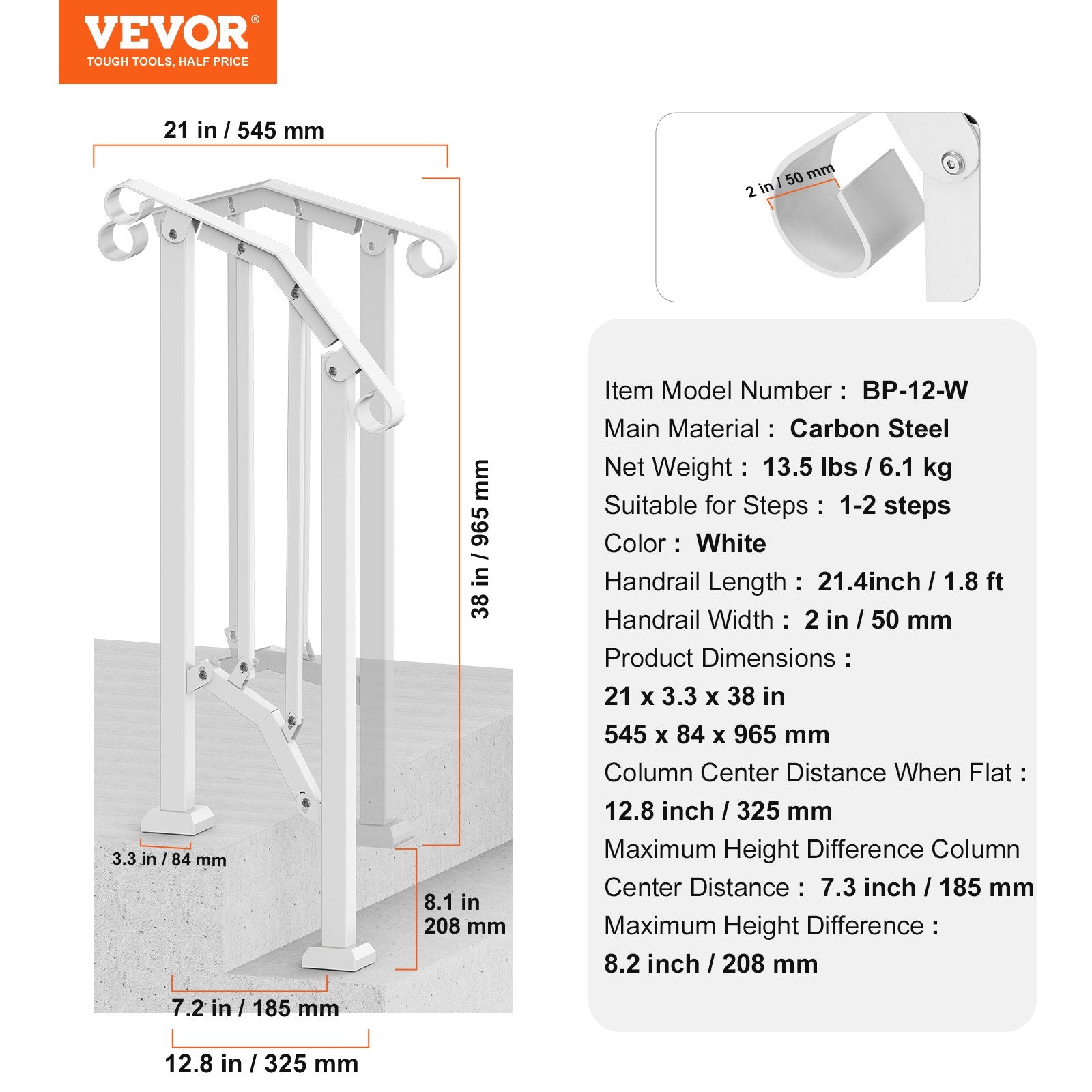 Outdoor Step Handrails 1-2 Step Stair Rail Kit White Carbon Steel with Install