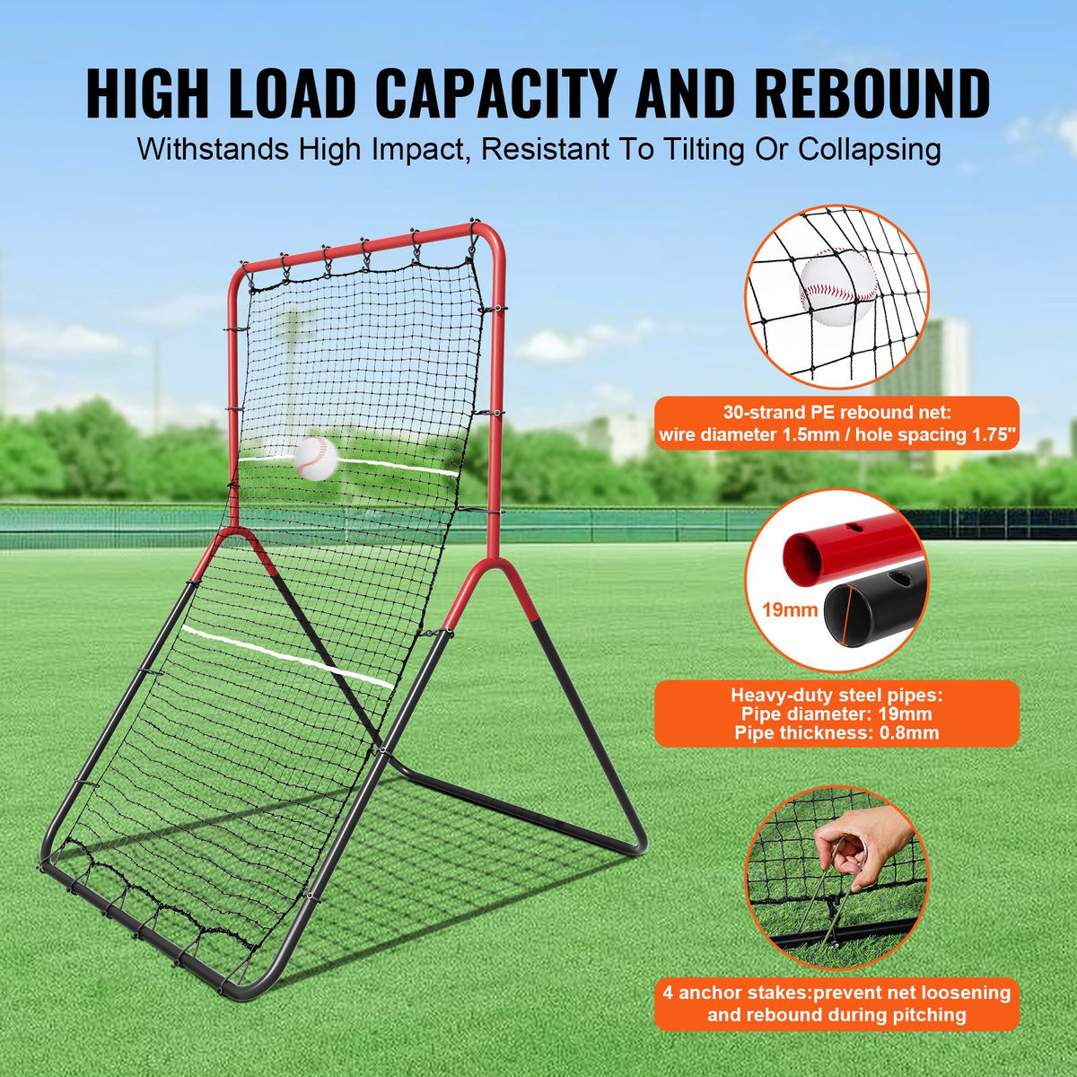 Baseball & Softball Rebounder Net 3x4.5ft PitchBack Trainer 3-Way Fielding Net